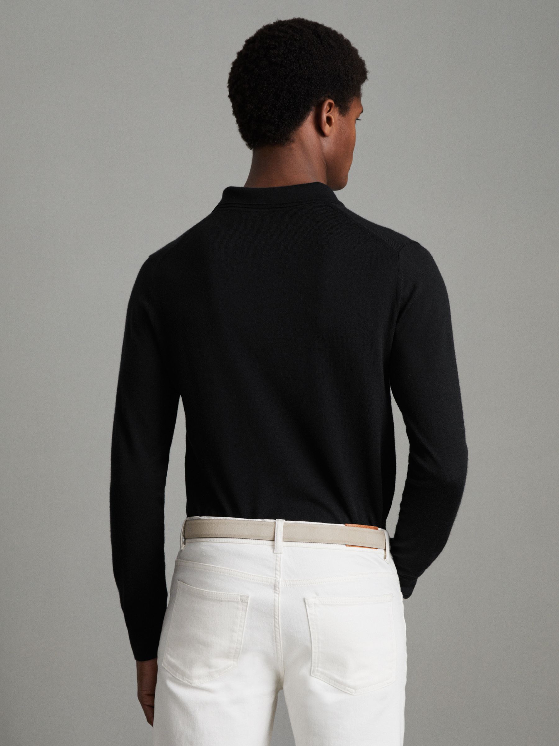 Merino Wool Polo Shirt in Black - Image 4 of 7