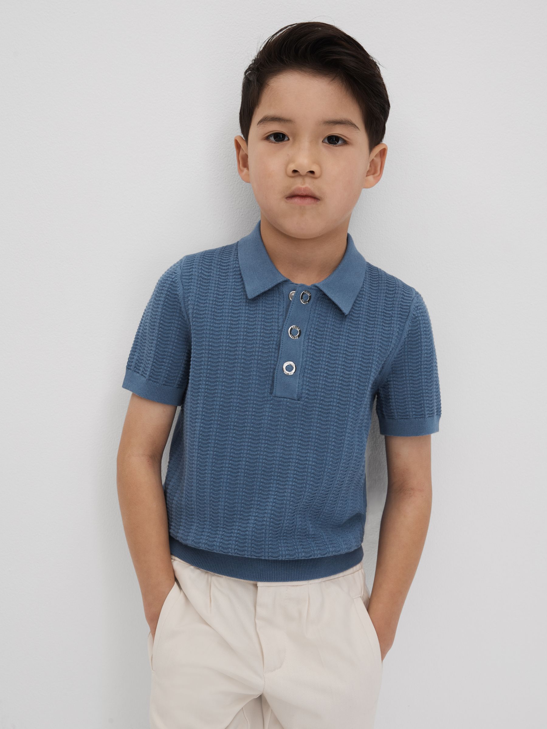 9-13 yrs Textured Modal Blend Polo Shirt in Cornflower Blue - Image 3 of 6