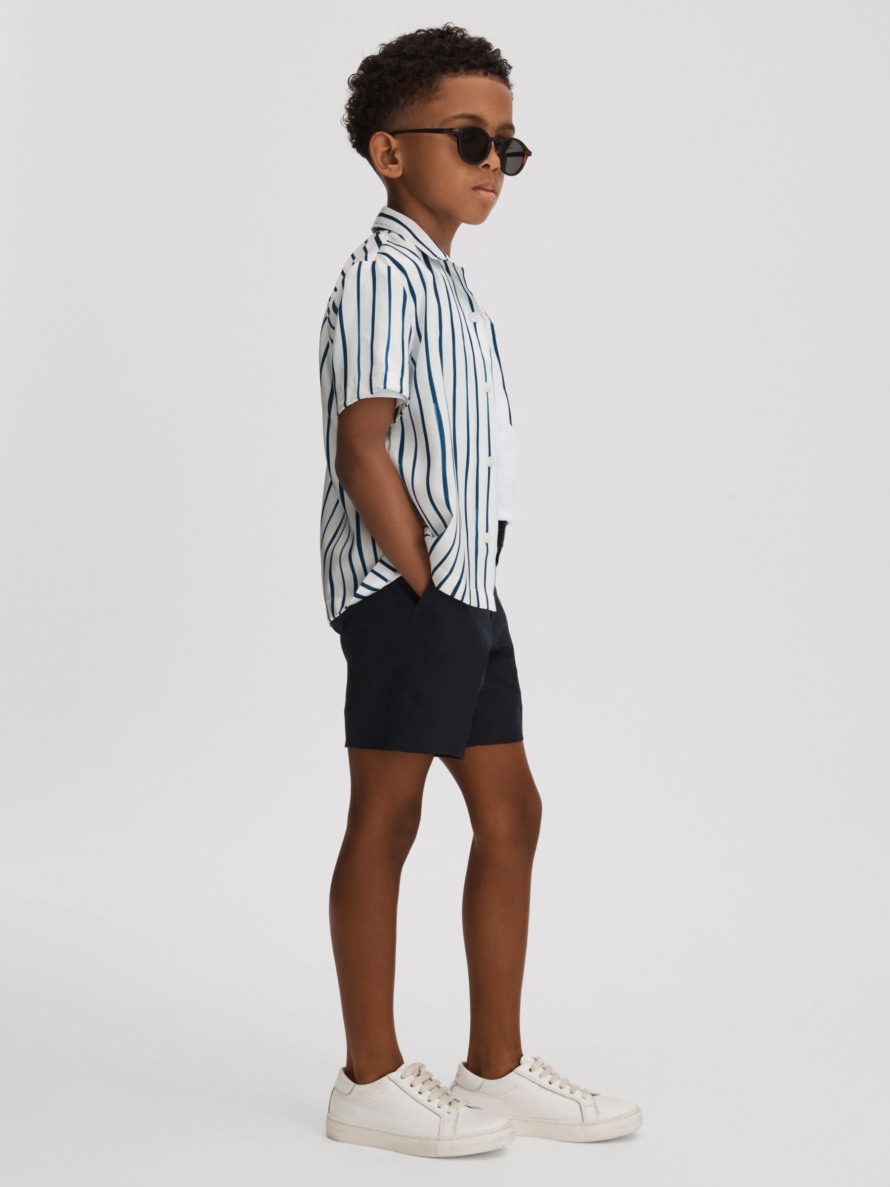 9-13 yrs Striped Cuban Collar Shirt in White/Blue - Image 3 of 4