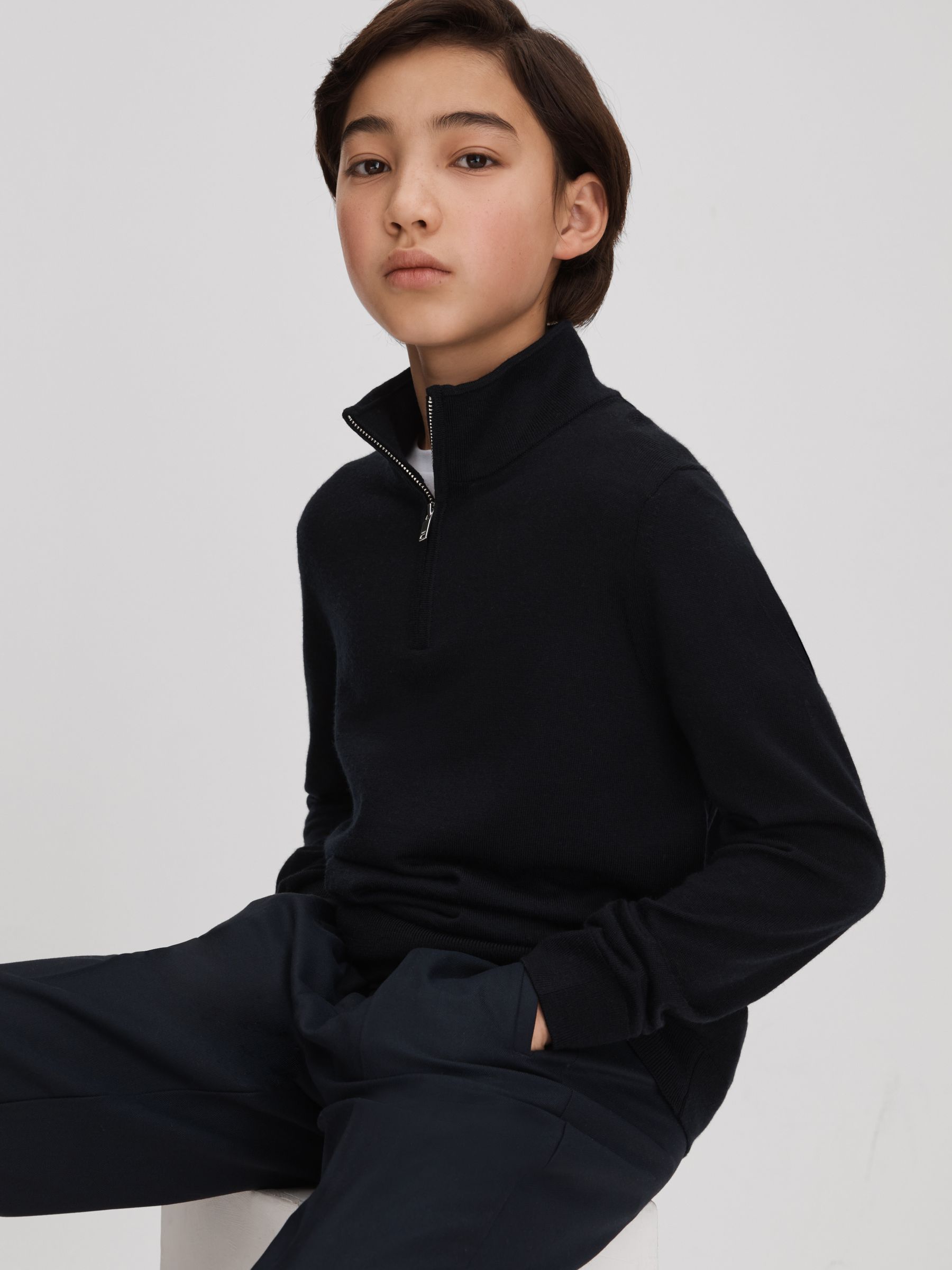 9-13 yrs Wool Half-Zip Funnel Neck Jumper in Navy - Image 1 of 4