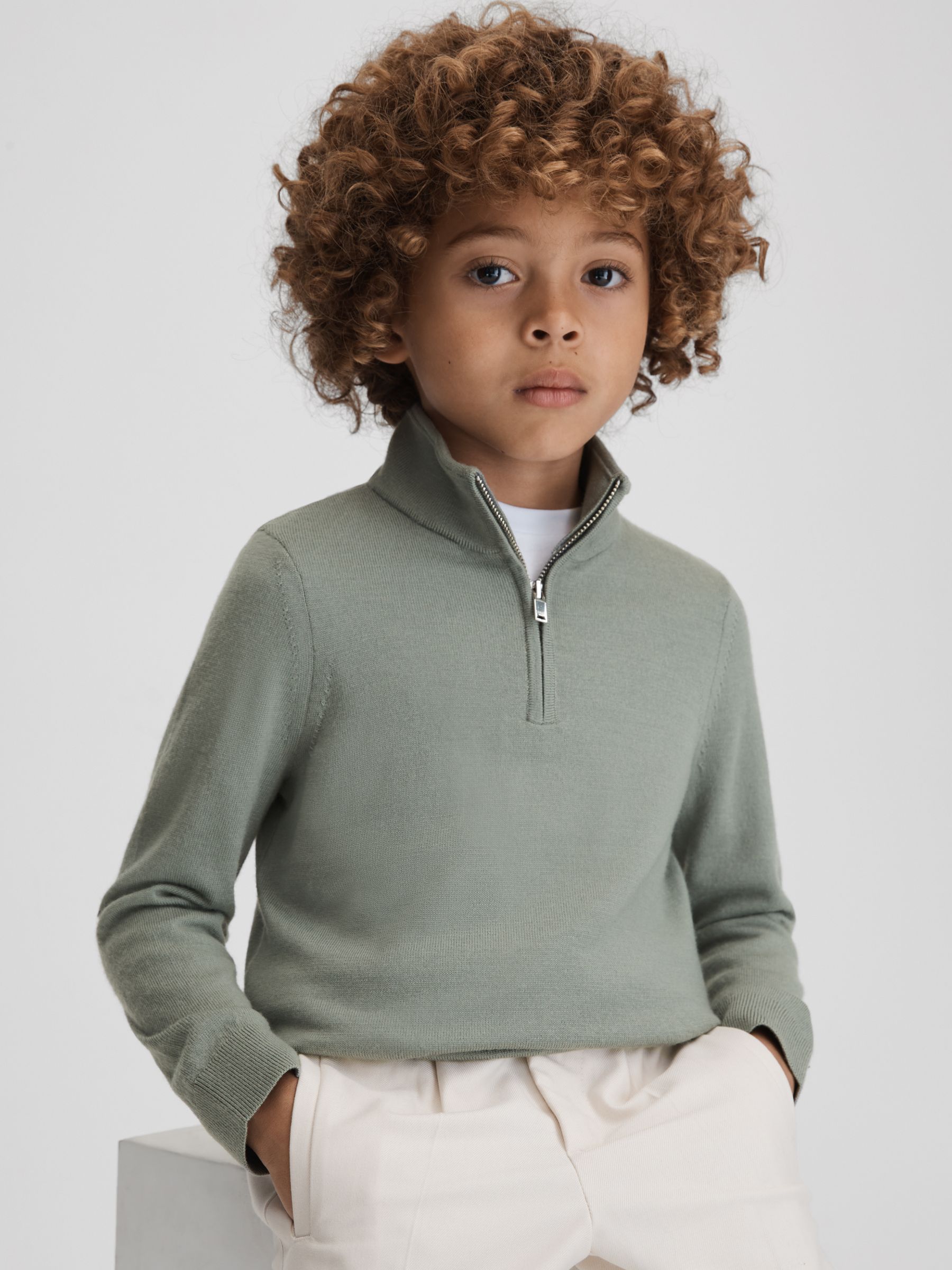 9-13 yrs Wool Half-Zip Funnel Neck Jumper in Pistachio - Image 1 of 6