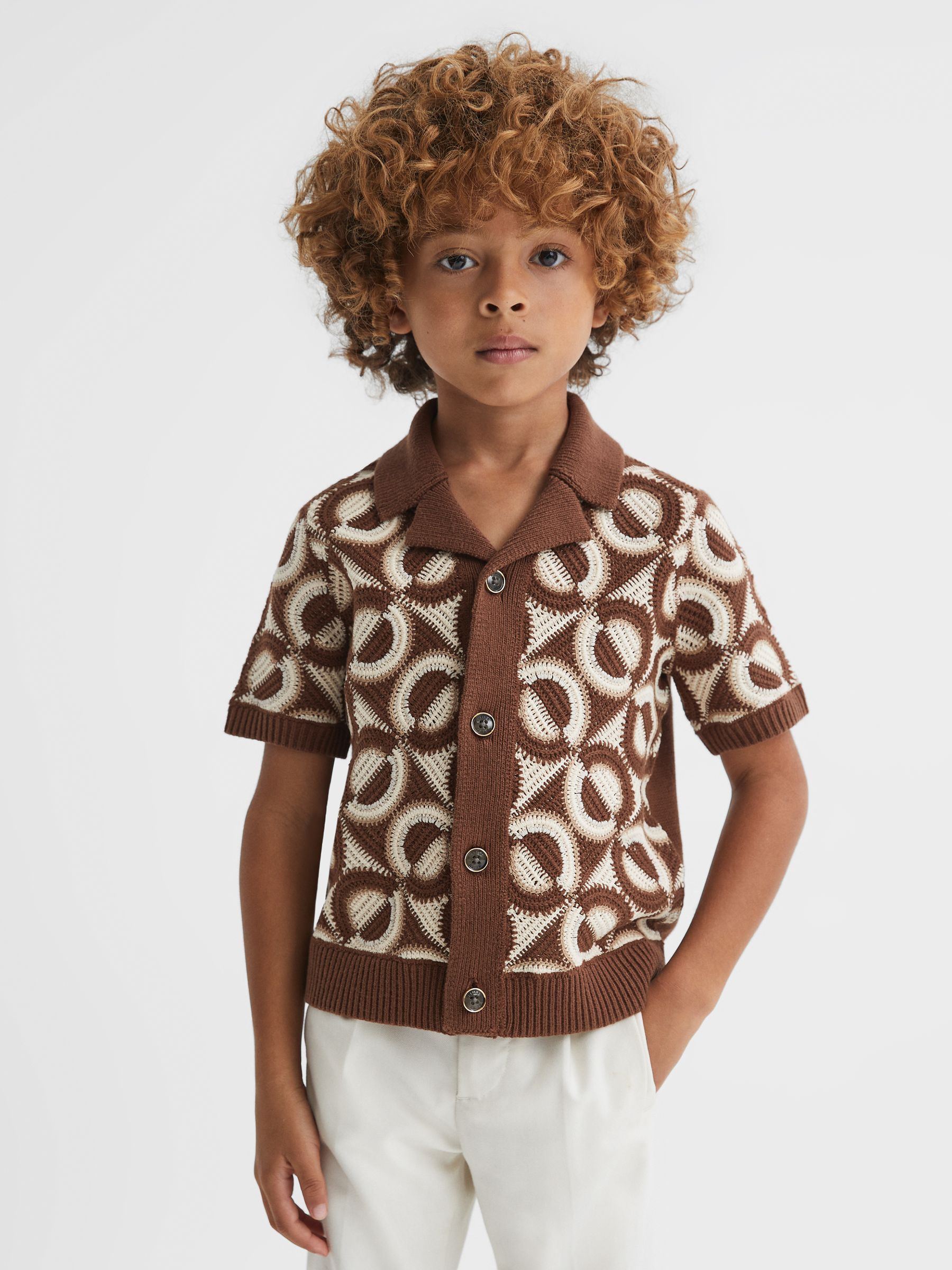 3-9 yrs Knitted Cuban Collar Shirt in Tobacco - Image 1 of 6