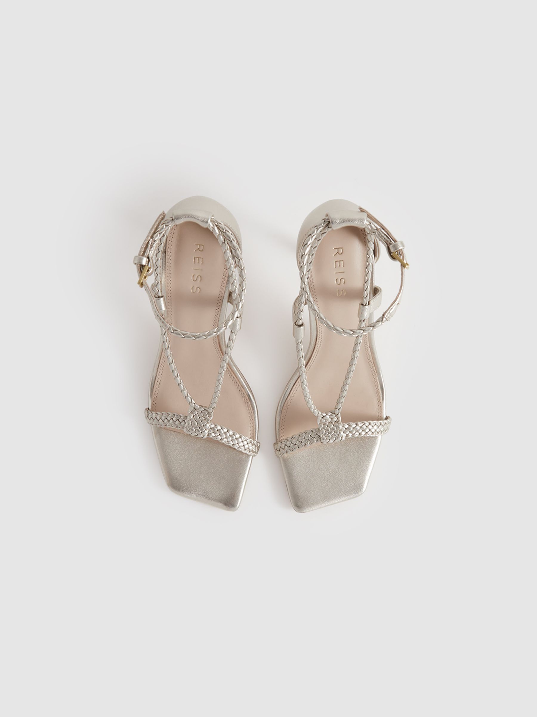 Leather Plaited Strappy Heeled Sandals in Gold - Image 3 of 5
