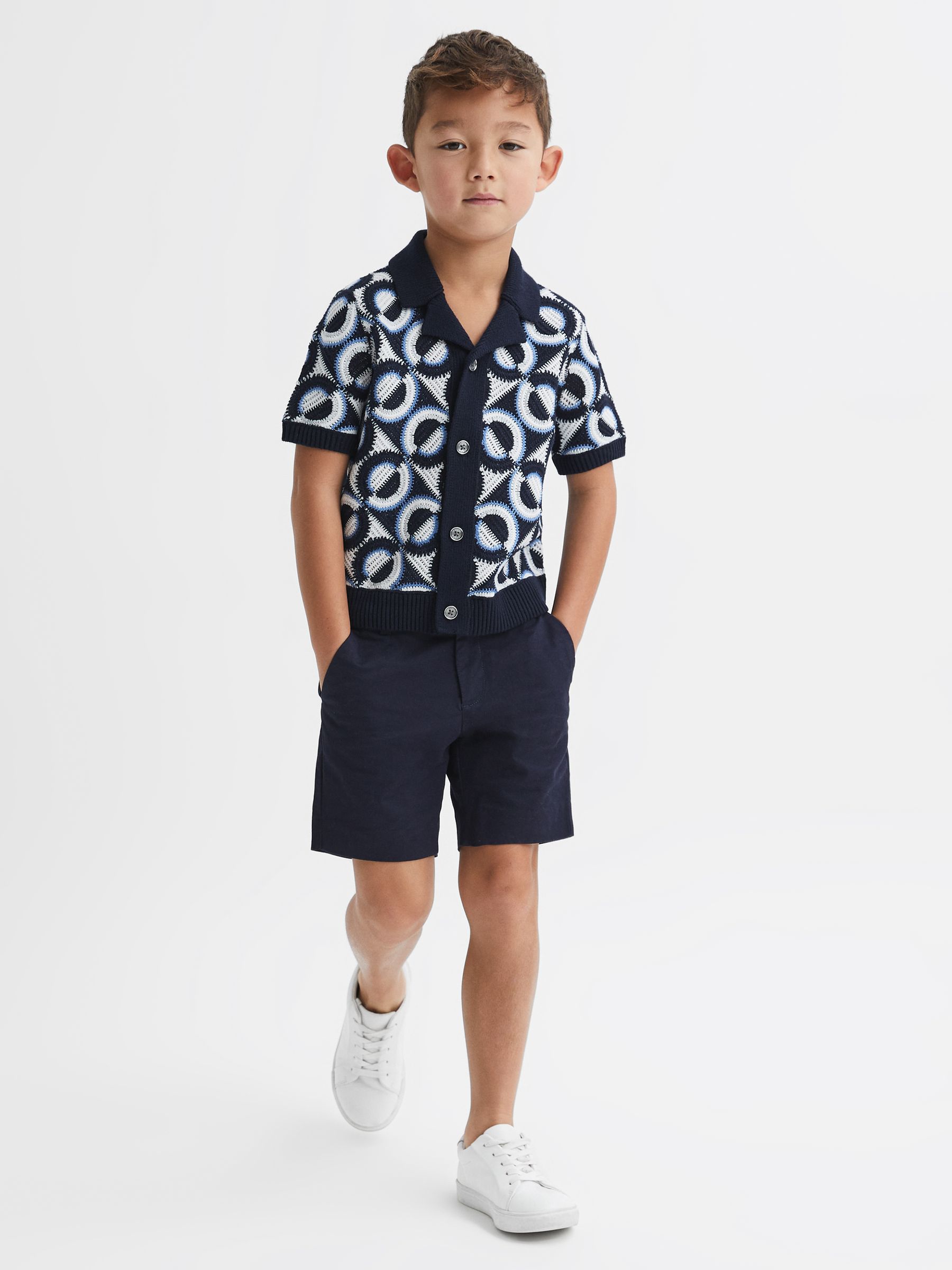 9-13 yrs Knitted Cuban Collar Shirt in Navy - Image 3 of 6