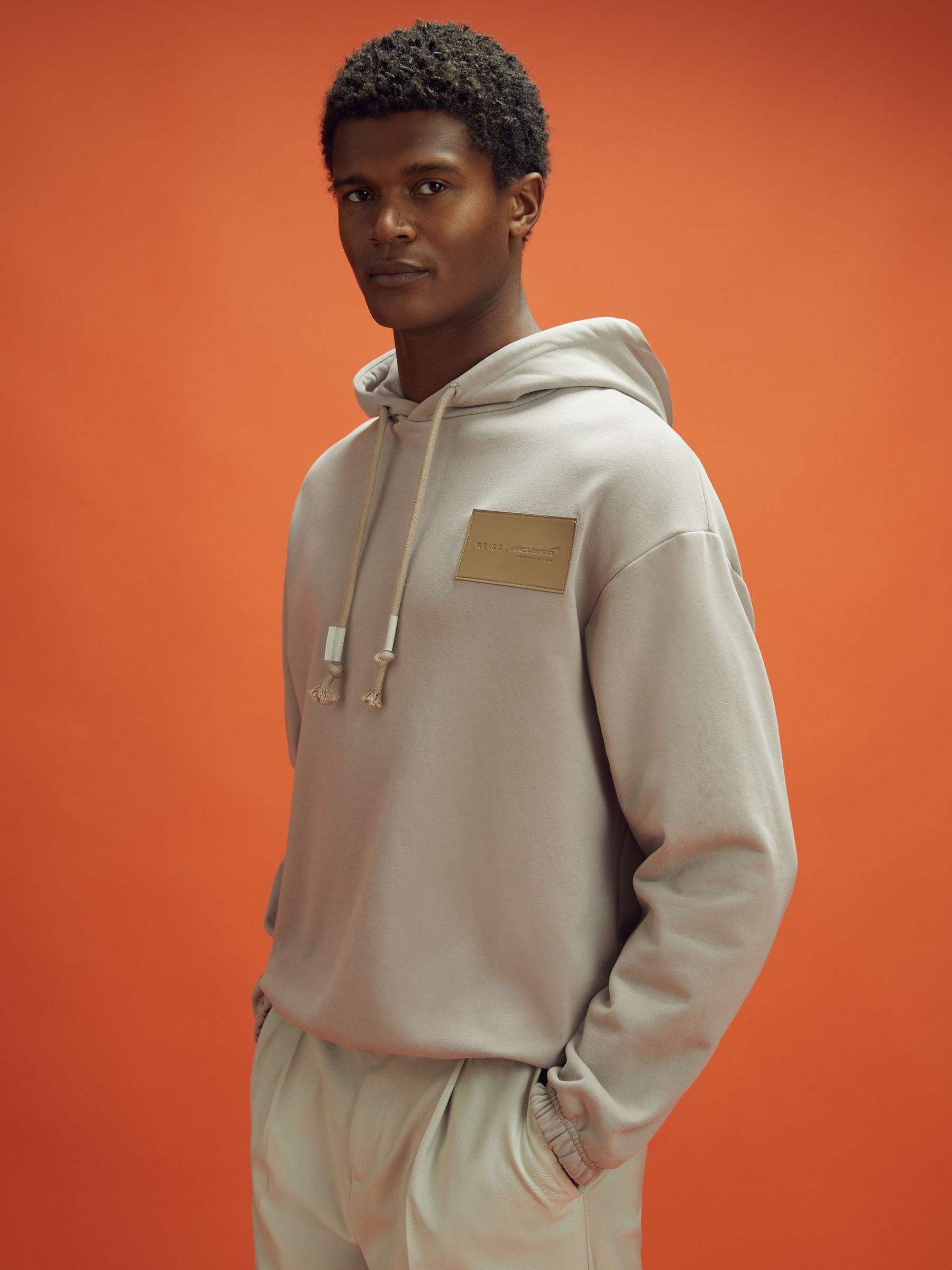 McLaren F1 Leather Patch Drawstring Hoodie in Taupe - Image 3 of 10
