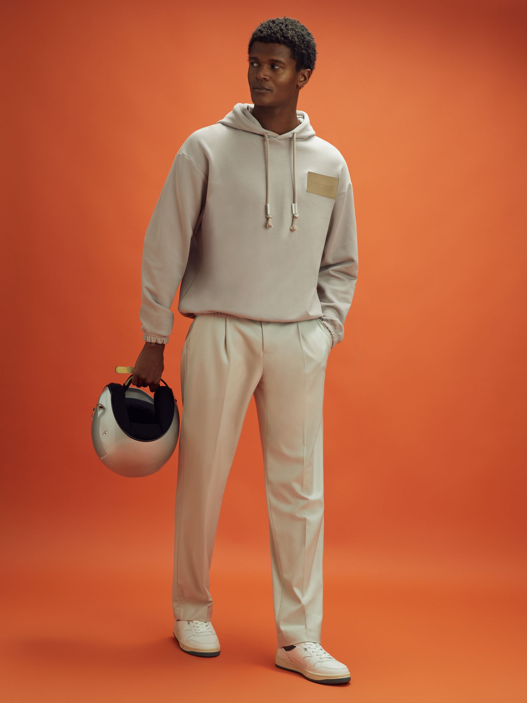 McLaren F1 Leather Patch Drawstring Hoodie in Taupe - Image 6 of 10
