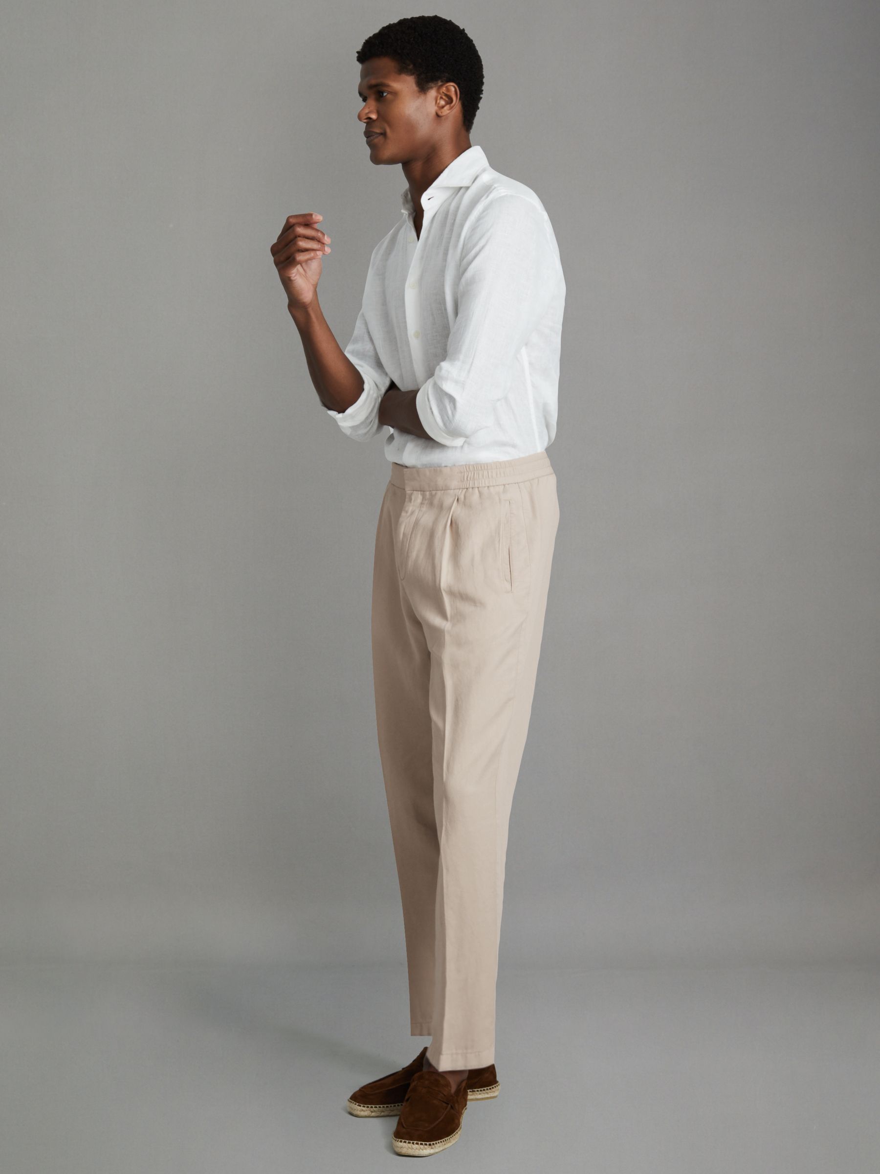Relaxed Cotton/Linen Blend Elasticated Waist Trousers in Stone - Image 1 of 7