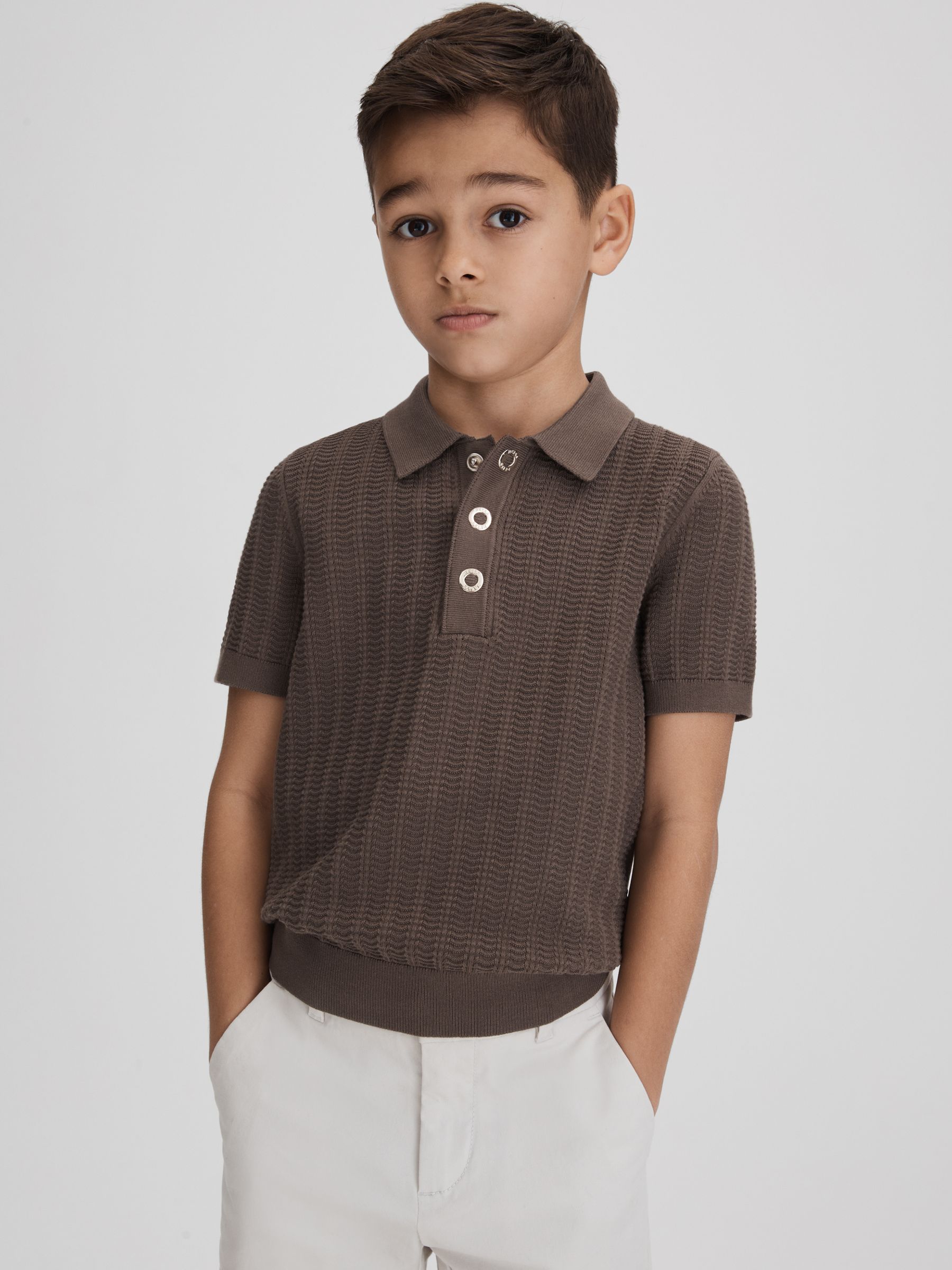 9-13 yrs Textured Modal Blend Polo Shirt in Pecan Brown - Image 1 of 7 9-13 yrs Textured Modal Blend Polo Shirt in Pecan Brown - Image 1 of 7
