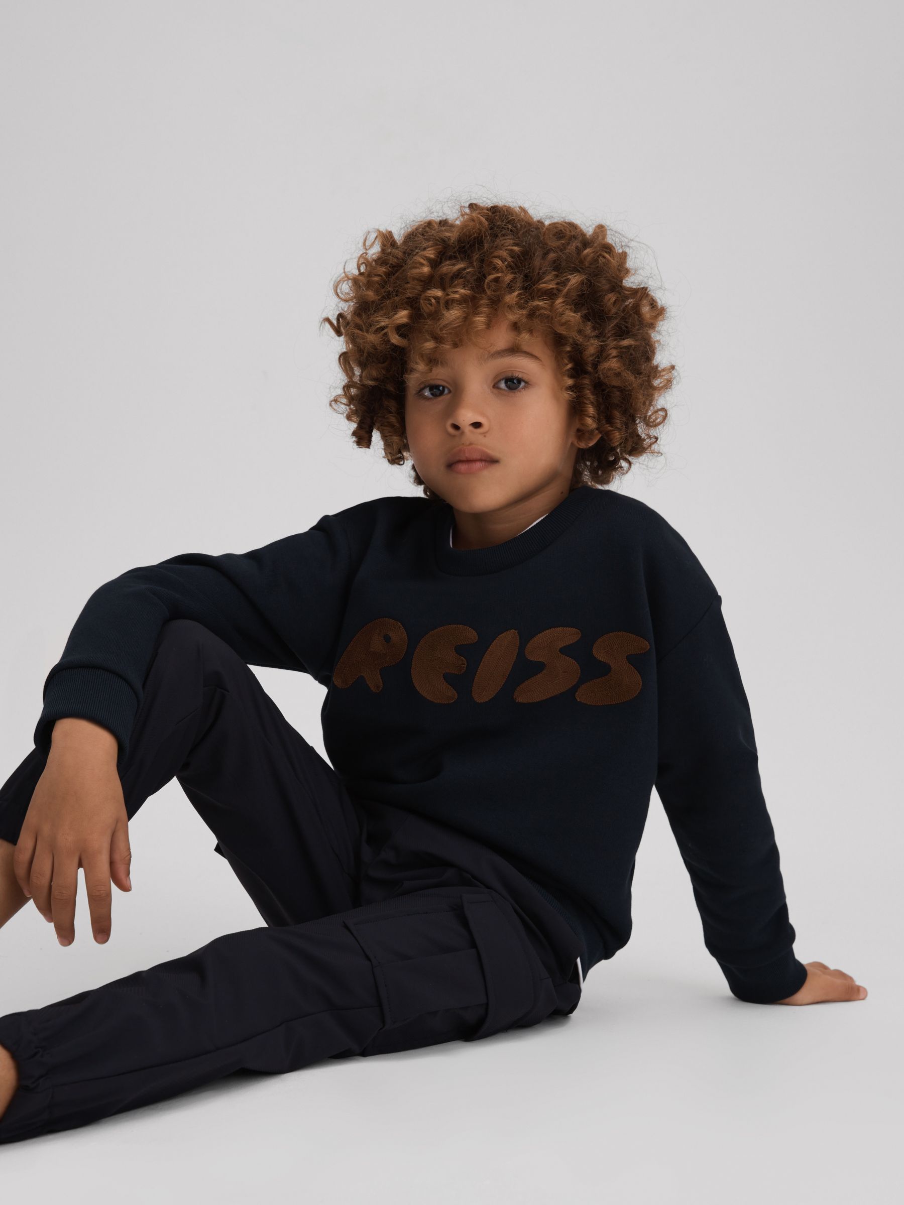 3-9 yrs Cotton Motif Crew Neck Sweatshirt in Navy - Image 1 of 4