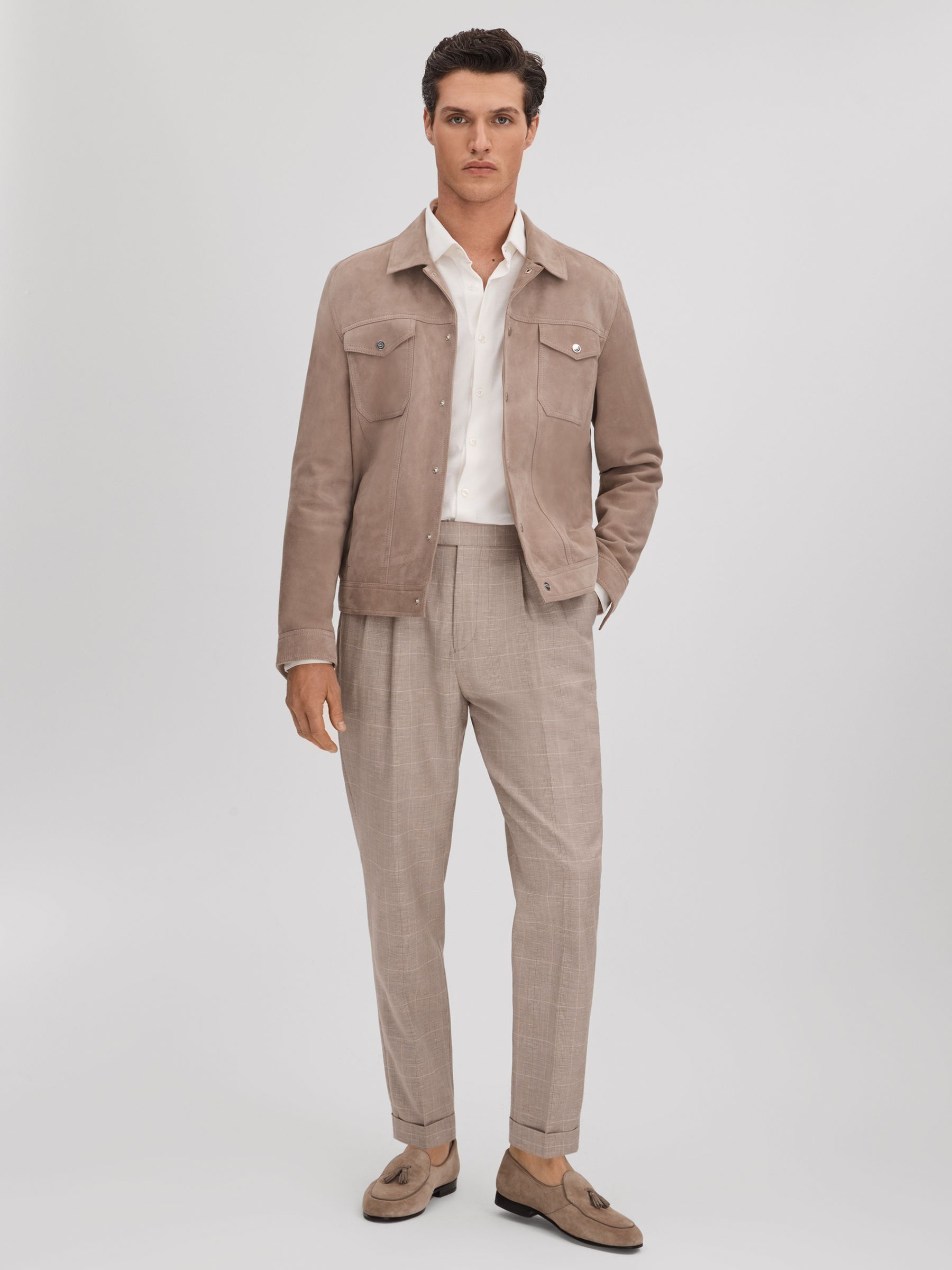 Slim Fit Check Adjuster Trousers with Turn-Ups in Oatmeal - Image 3 of 6