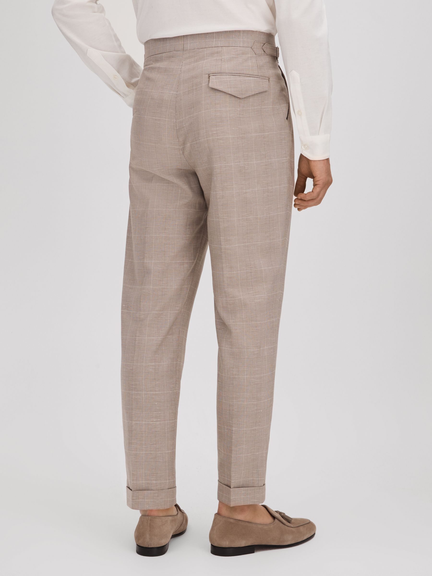 Slim Fit Check Adjuster Trousers with Turn-Ups in Oatmeal - Image 5 of 6