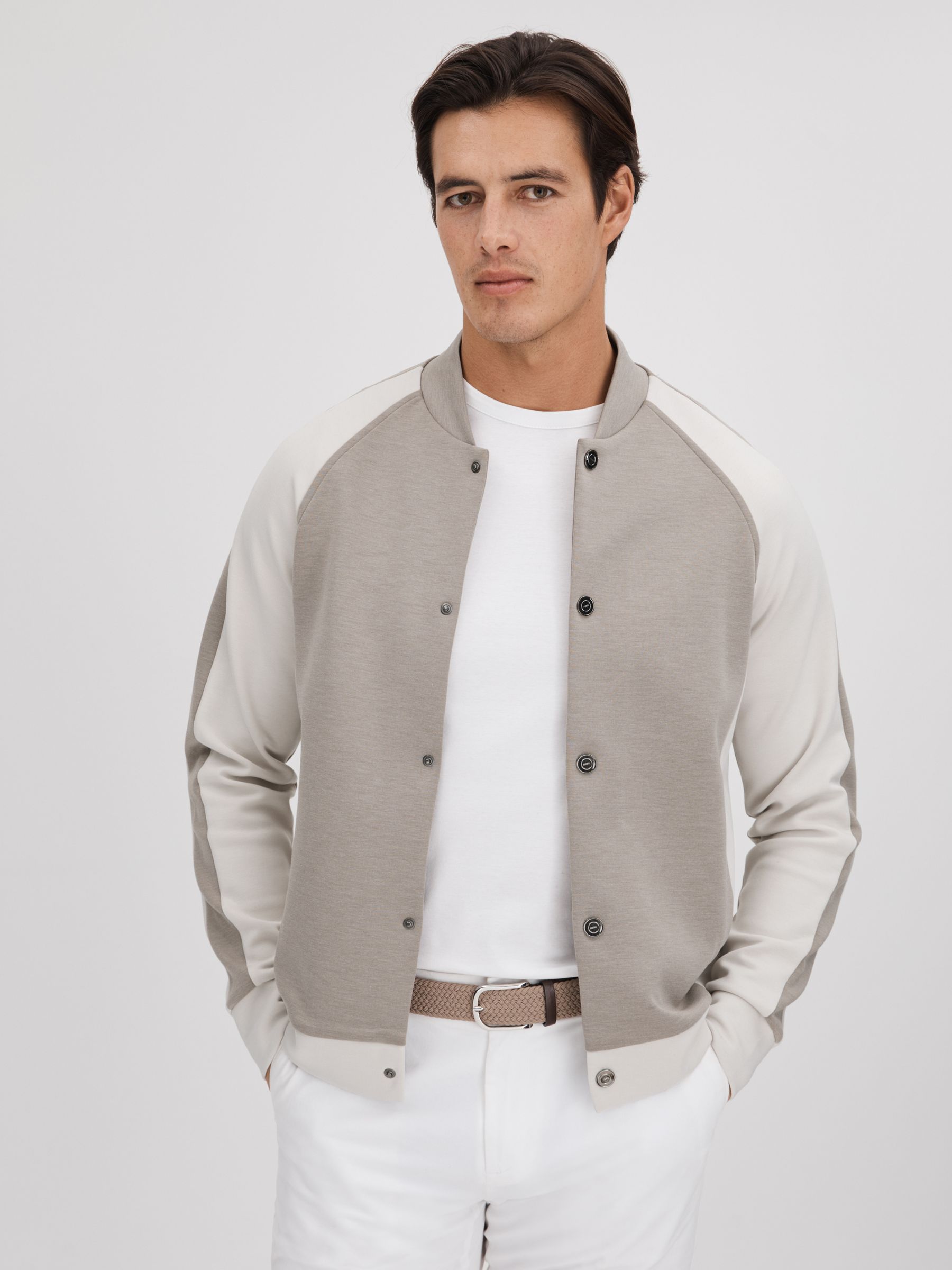 Colourblock Jersey Bomber Jacket in Taupe/White - Image 1 of 6
