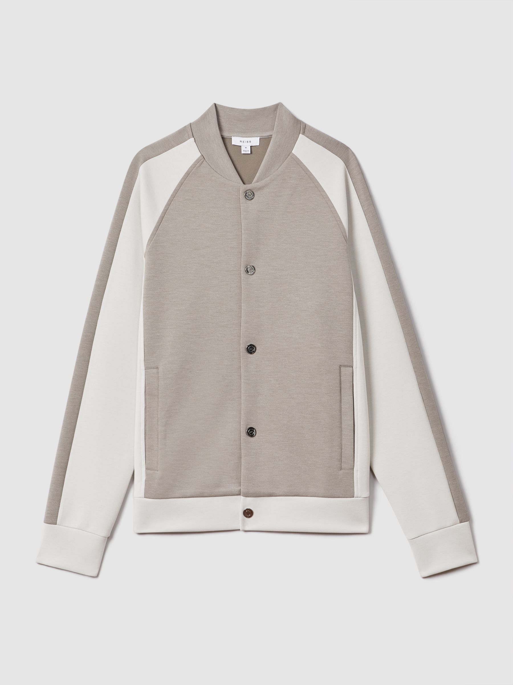 Colourblock Jersey Bomber Jacket in Taupe/White - Image 2 of 6
