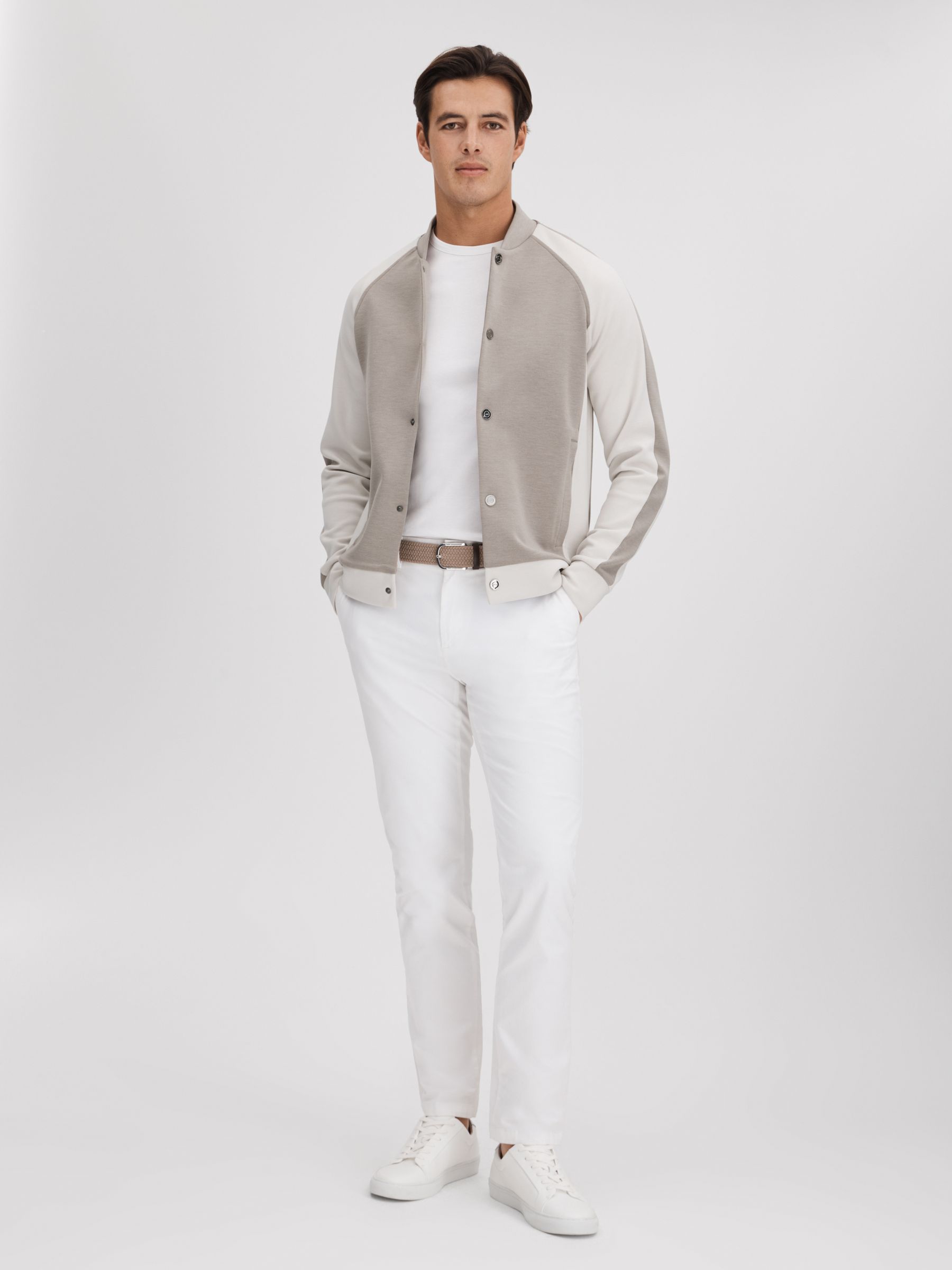 Colourblock Jersey Bomber Jacket in Taupe/White - Image 3 of 6