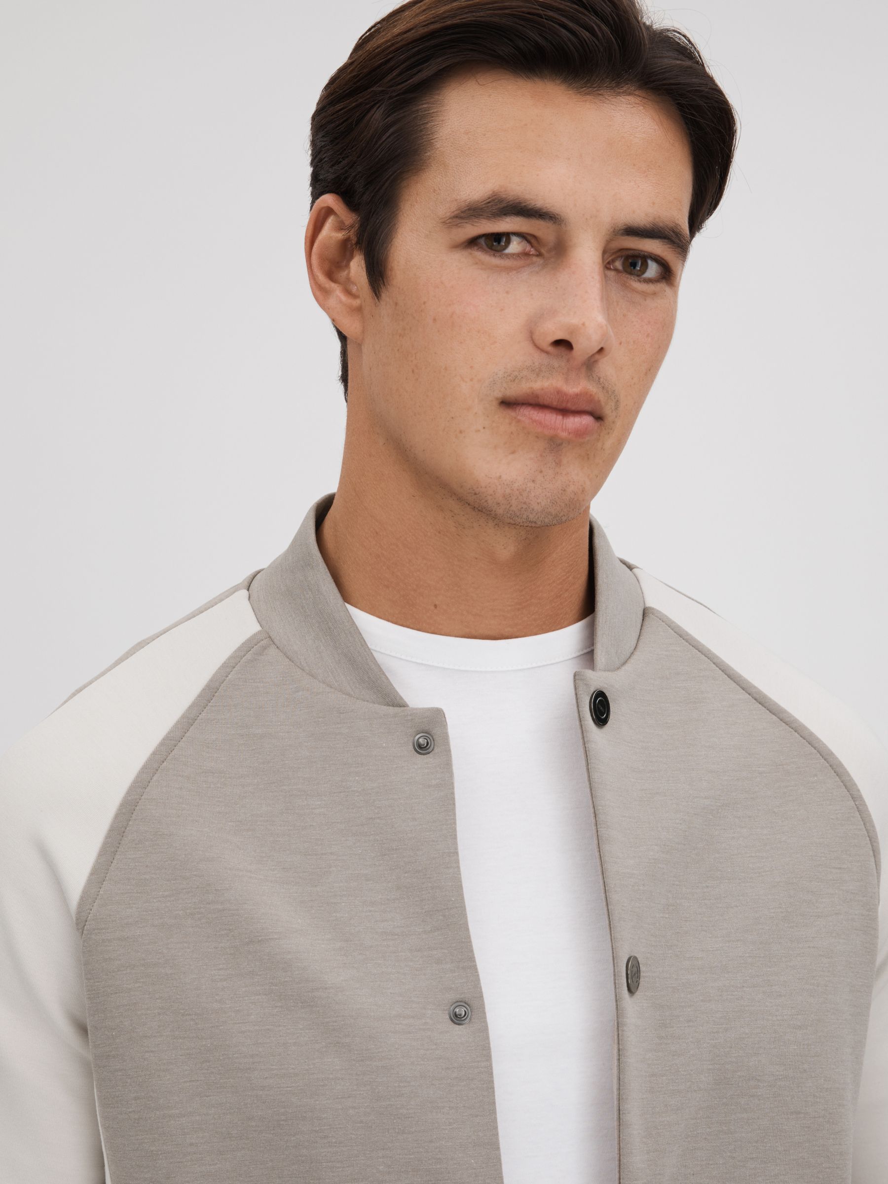 Colourblock Jersey Bomber Jacket in Taupe/White - Image 4 of 6