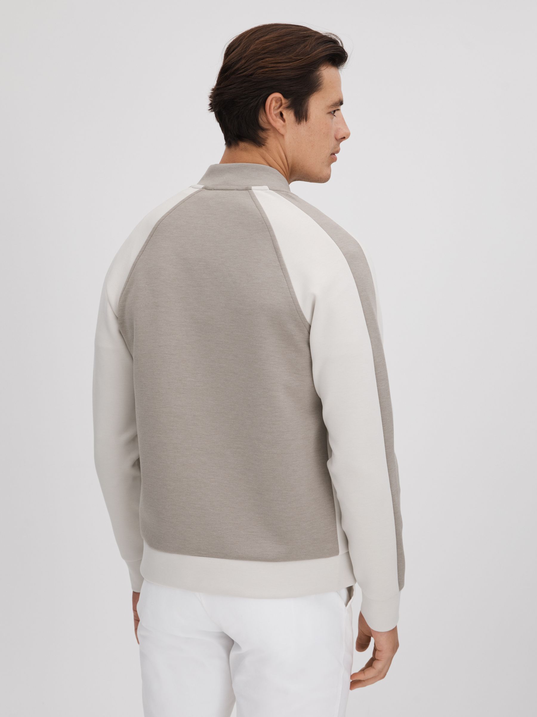 Colourblock Jersey Bomber Jacket in Taupe/White - Image 5 of 6