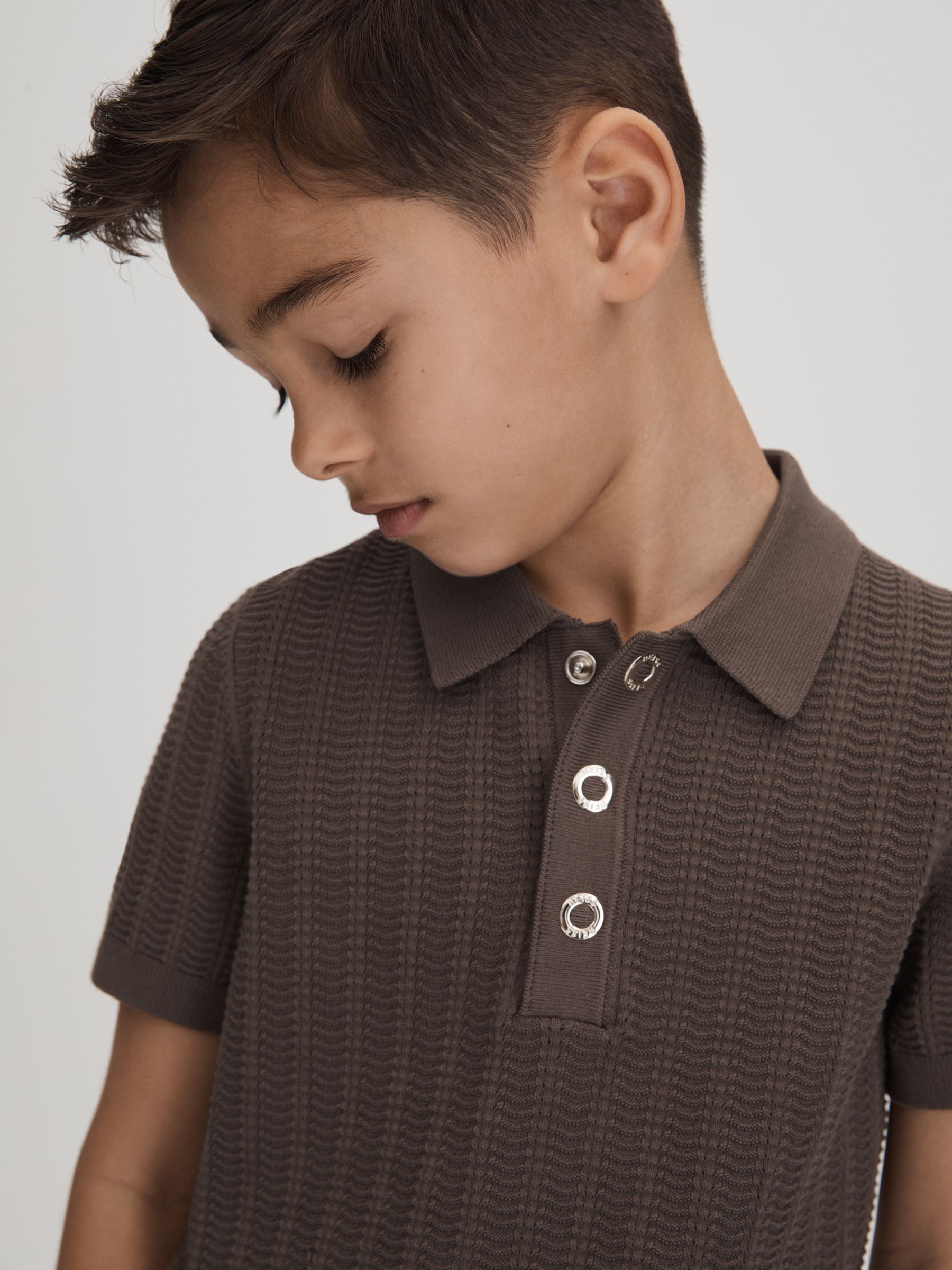 3-9 yrs Textured Modal Blend Polo Shirt in Pecan Brown - Image 6 of 7