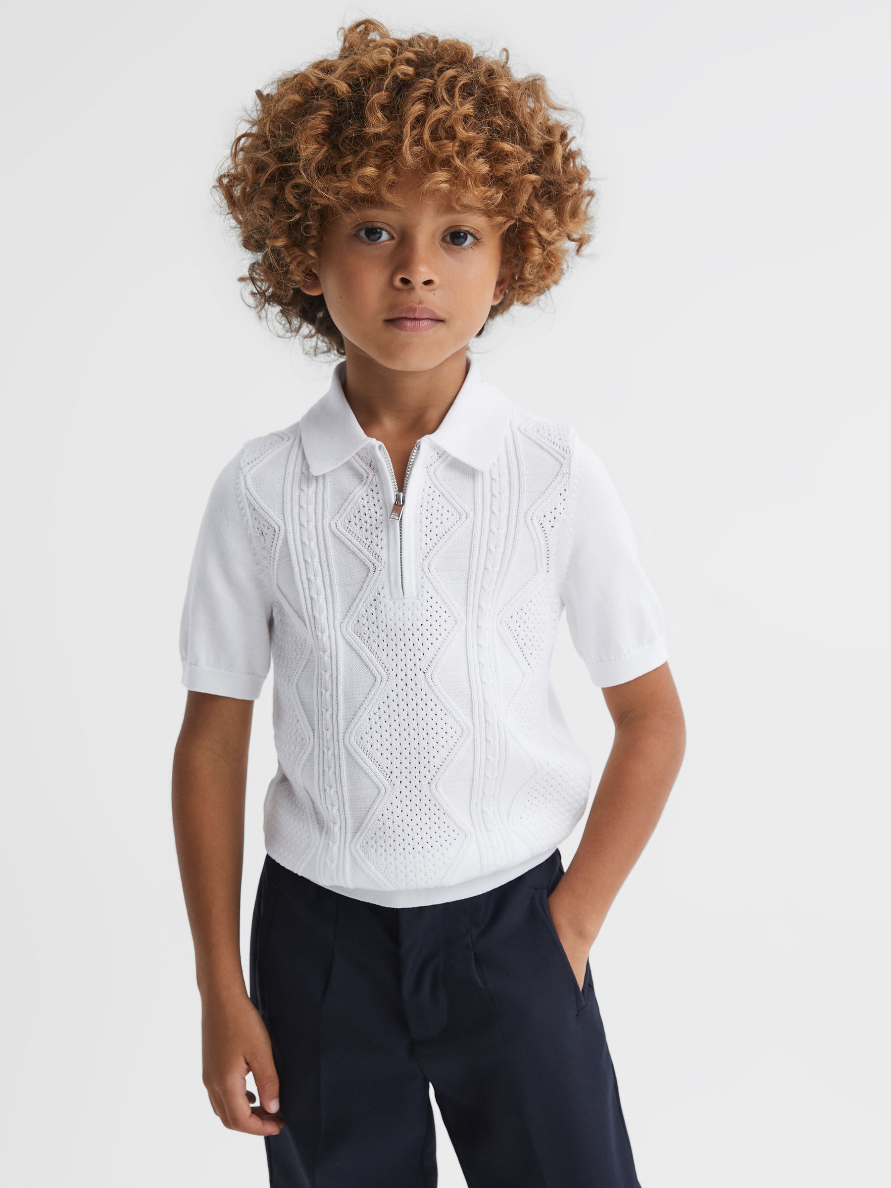 3-9 yrs Cotton Half-Zip Polo Shirt in White - Image 2 of 5