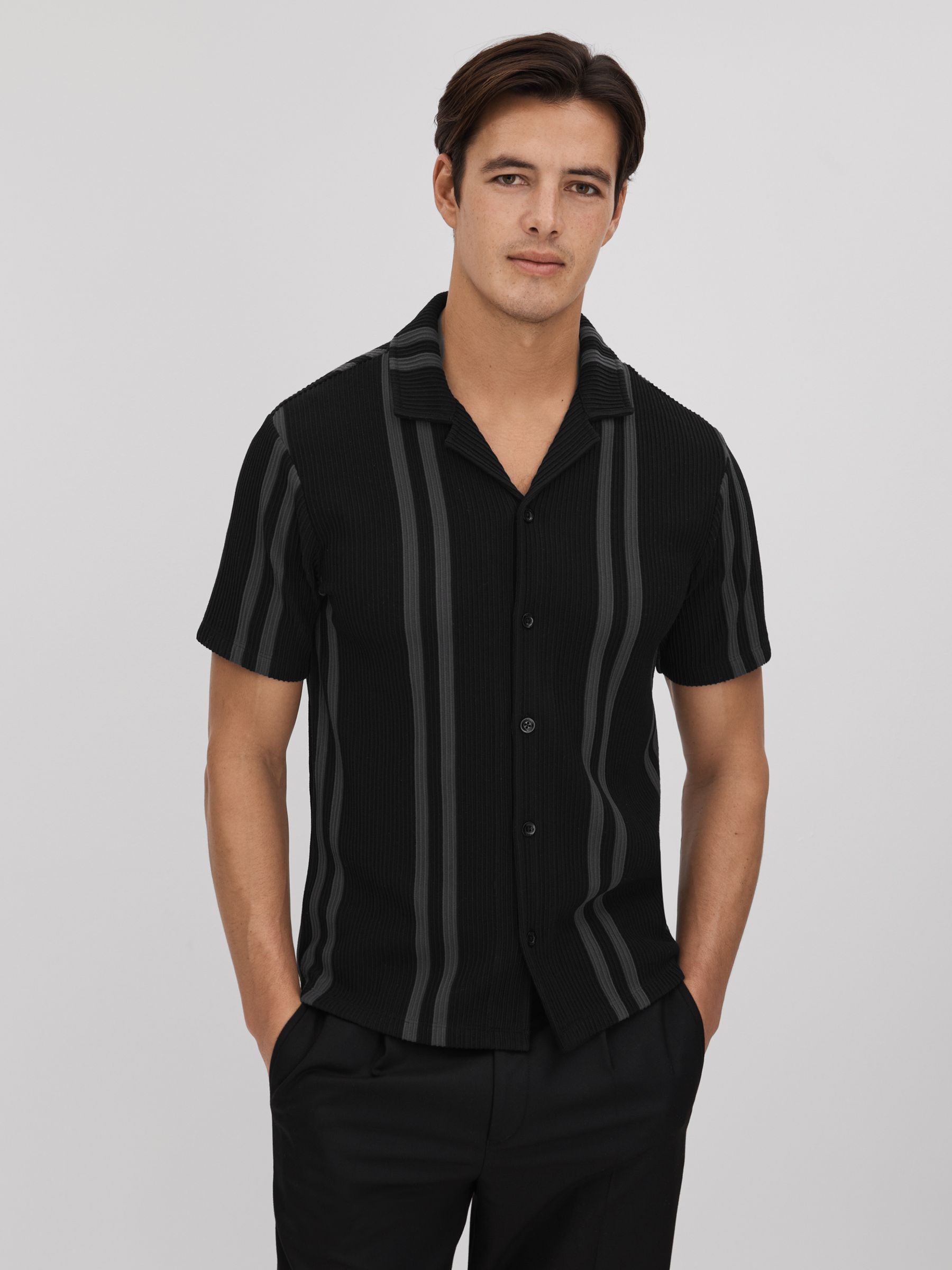 Ribbed Striped Cuban Collar Shirt in Black/Steel Grey - Image 1 of 6