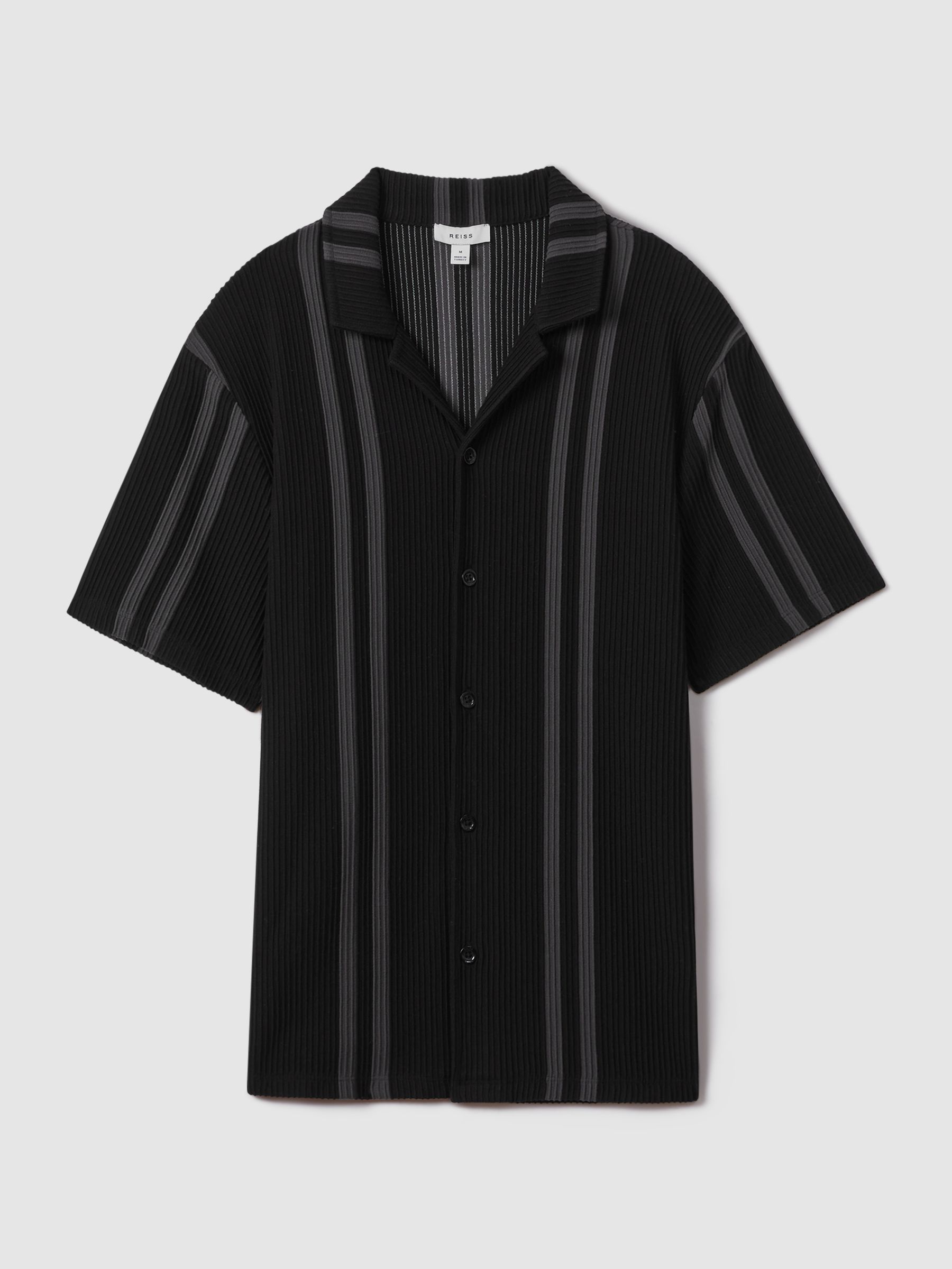 Ribbed Striped Cuban Collar Shirt in Black/Steel Grey - Image 2 of 6