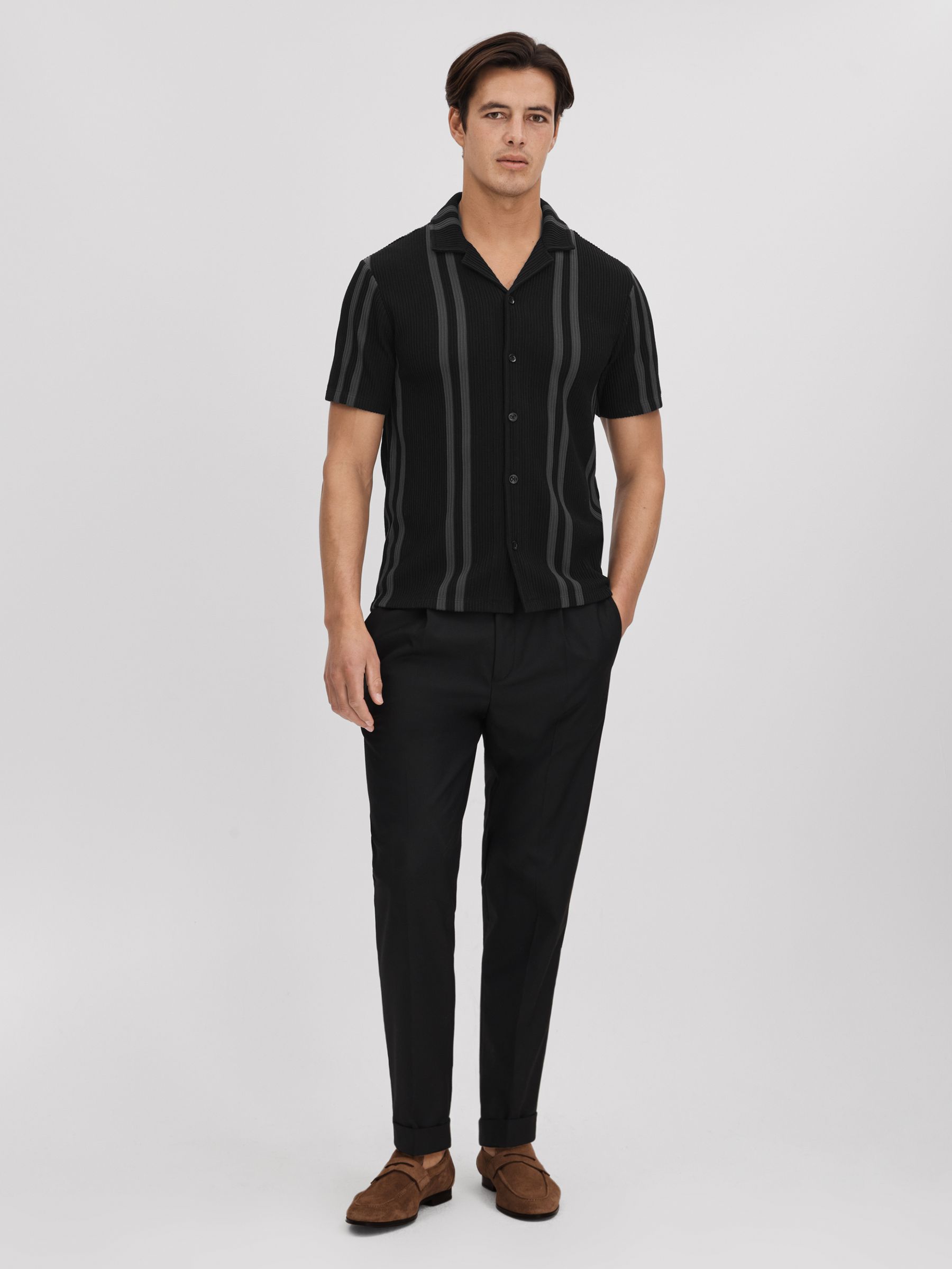 Ribbed Striped Cuban Collar Shirt in Black/Steel Grey - Image 3 of 6
