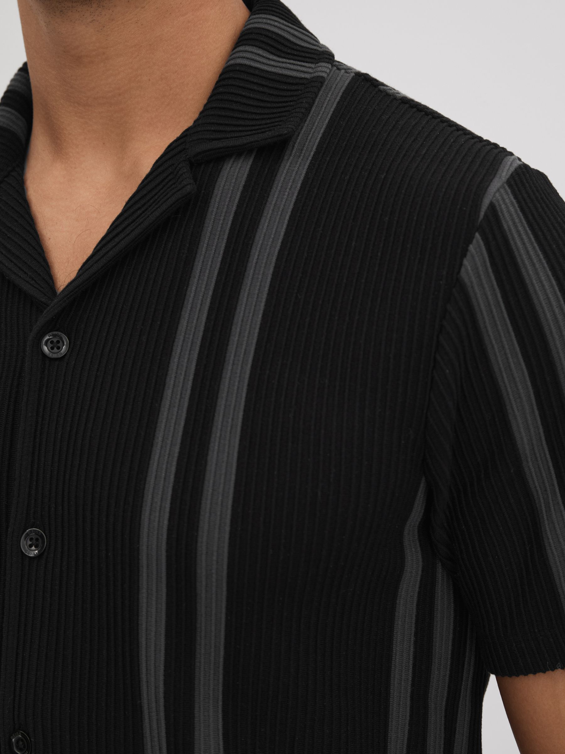 Ribbed Striped Cuban Collar Shirt in Black/Steel Grey - Image 4 of 6