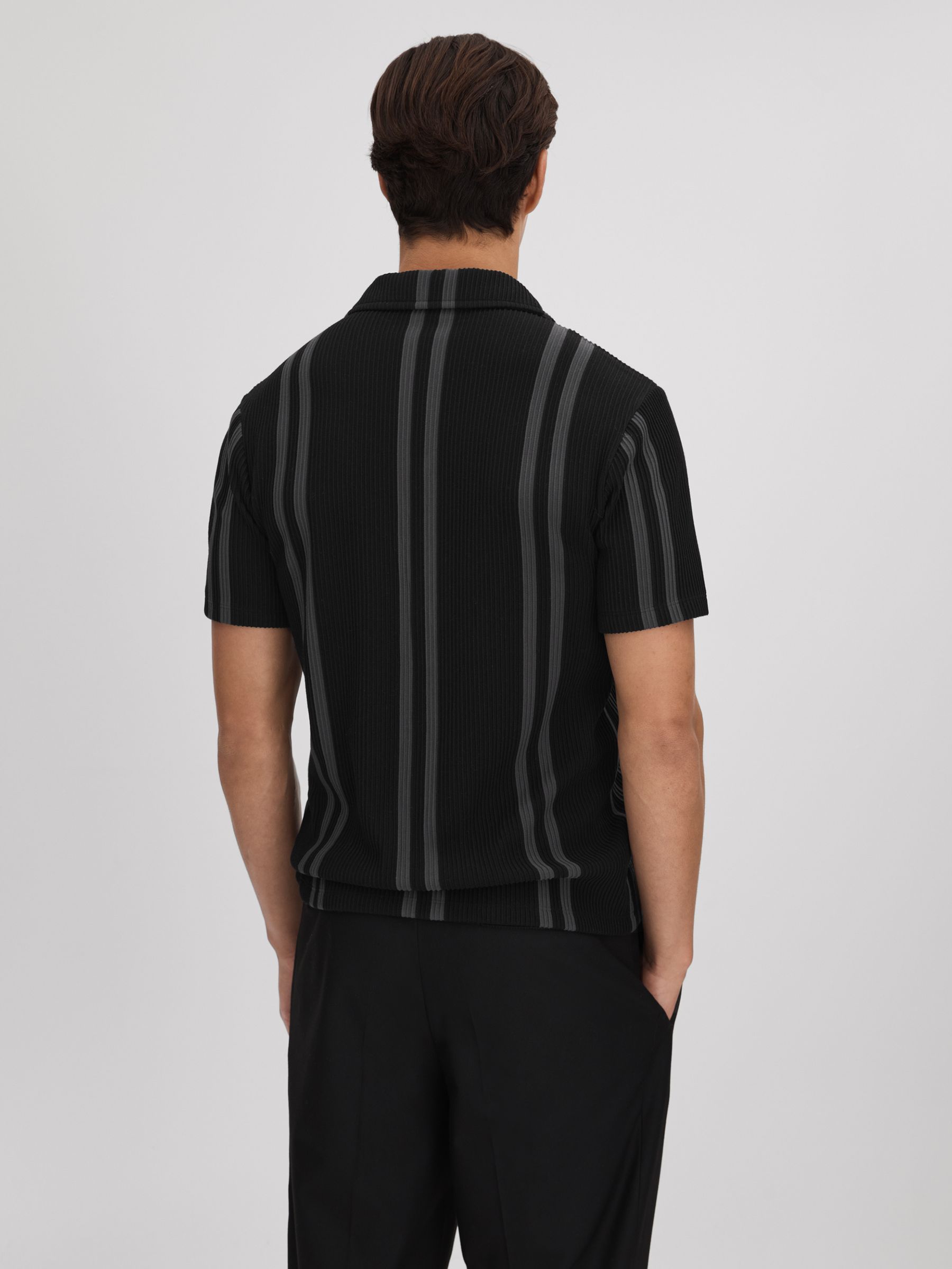 Ribbed Striped Cuban Collar Shirt in Black/Steel Grey - Image 5 of 6