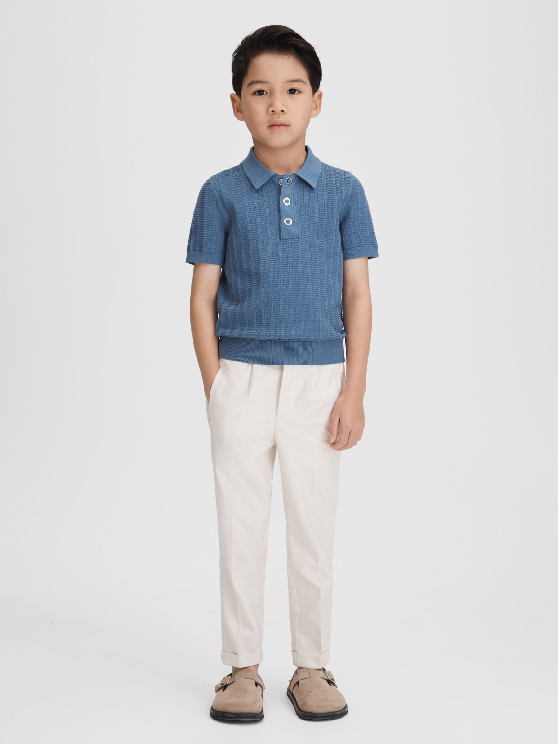 3-9 yrs Textured Modal Blend Polo Shirt in Cornflower Blue - Image 3 of 6