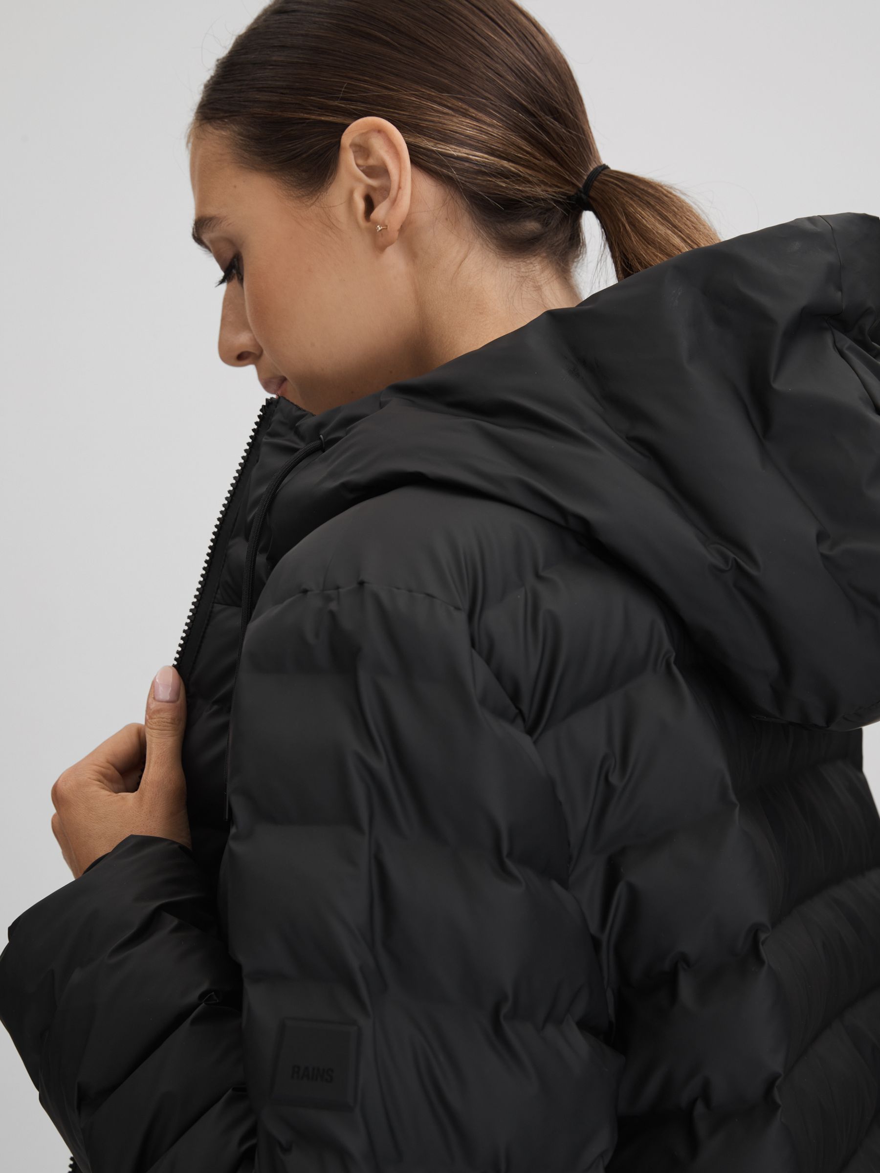 Rains Long Waterproof Puffer Jacket in Black - Image 4 of 6