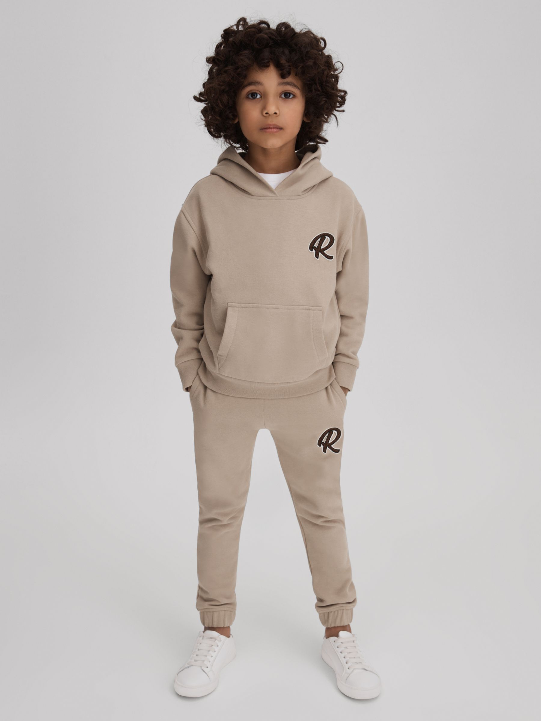 Junior Cotton Elasticated Waist Motif Joggers in Taupe - Image 1 of 4