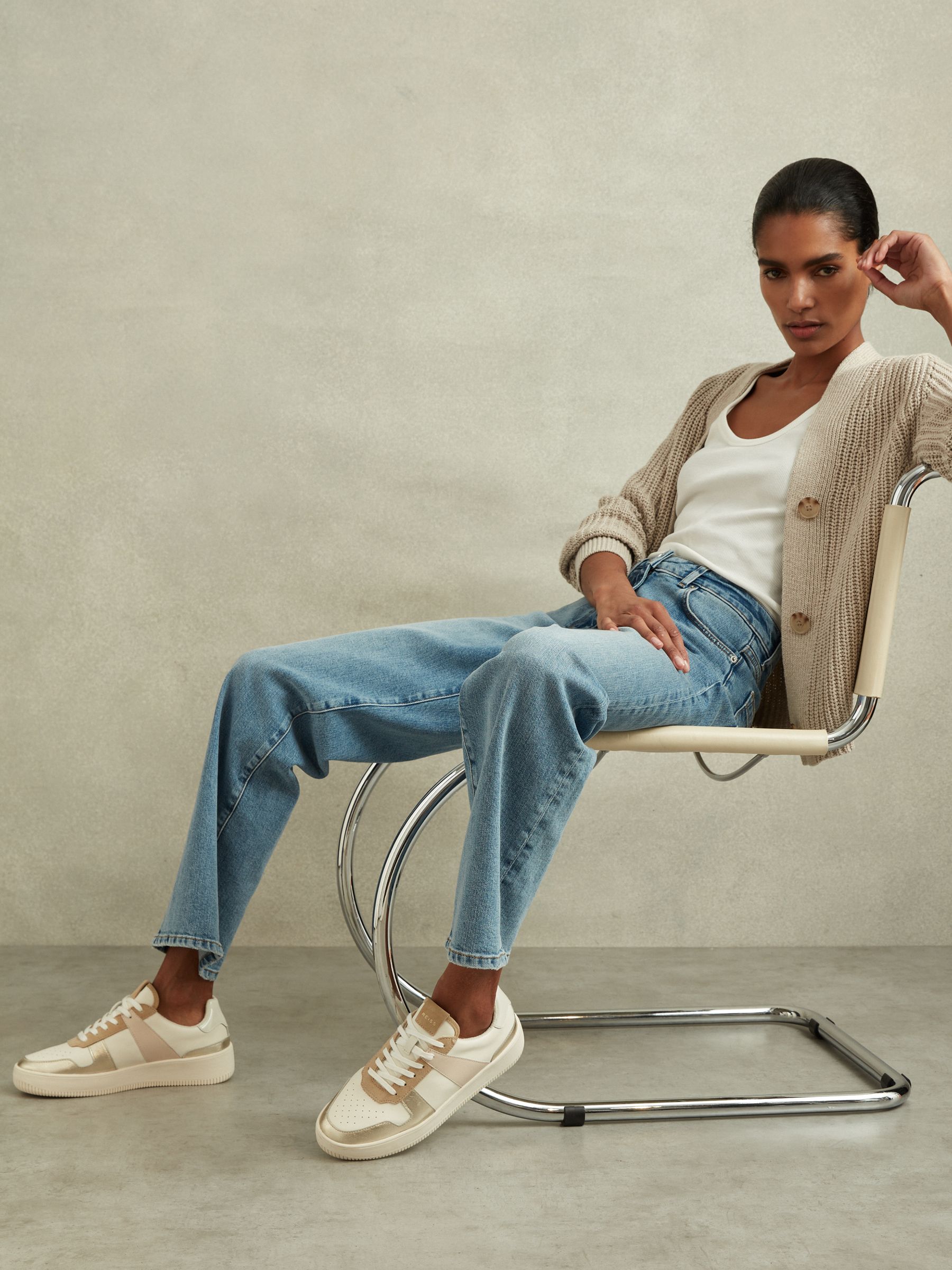 Mid Top Leather Trainers in White/Gold - Image 2 of 5