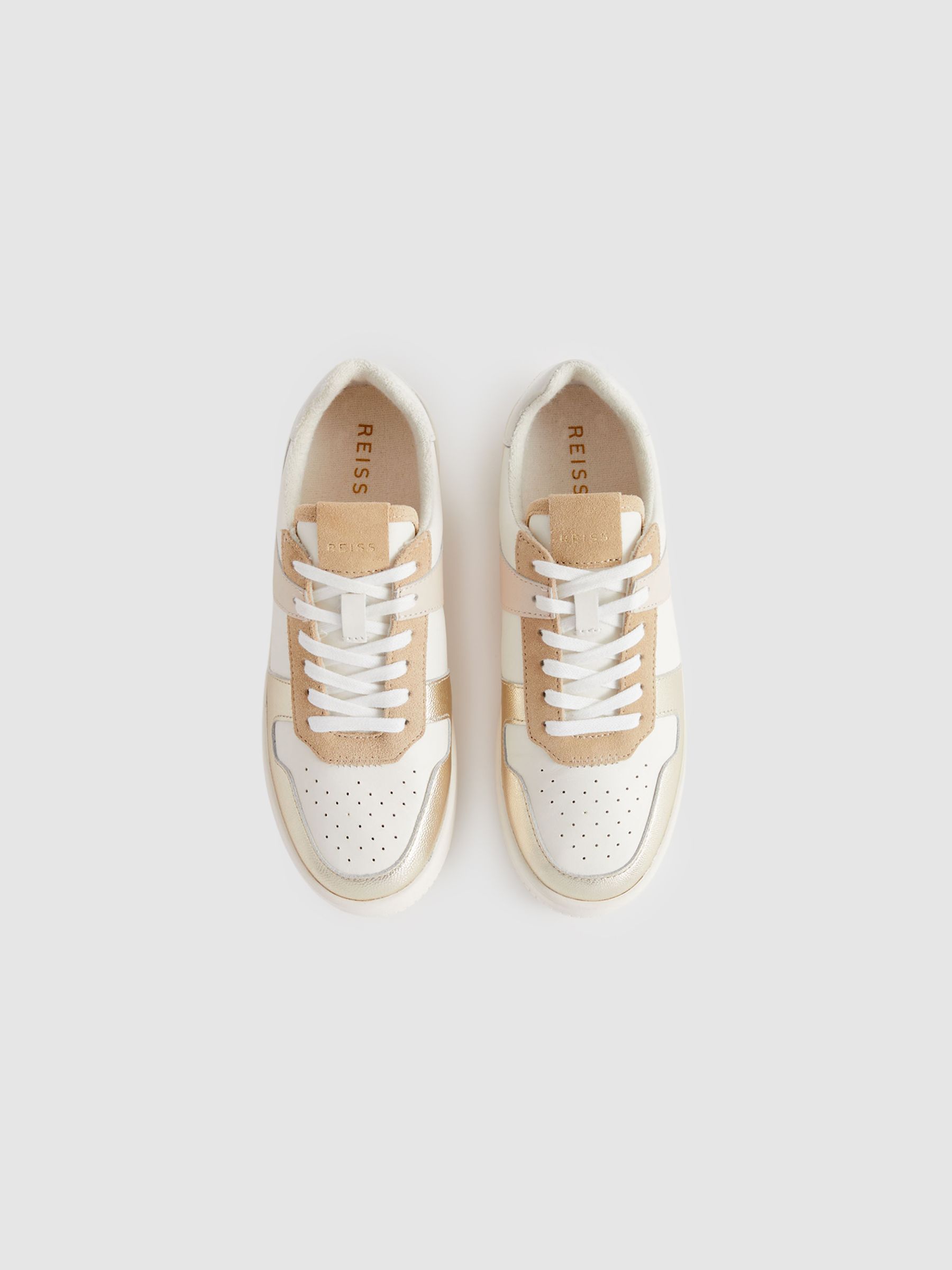 Mid Top Leather Trainers in White/Gold - Image 3 of 5