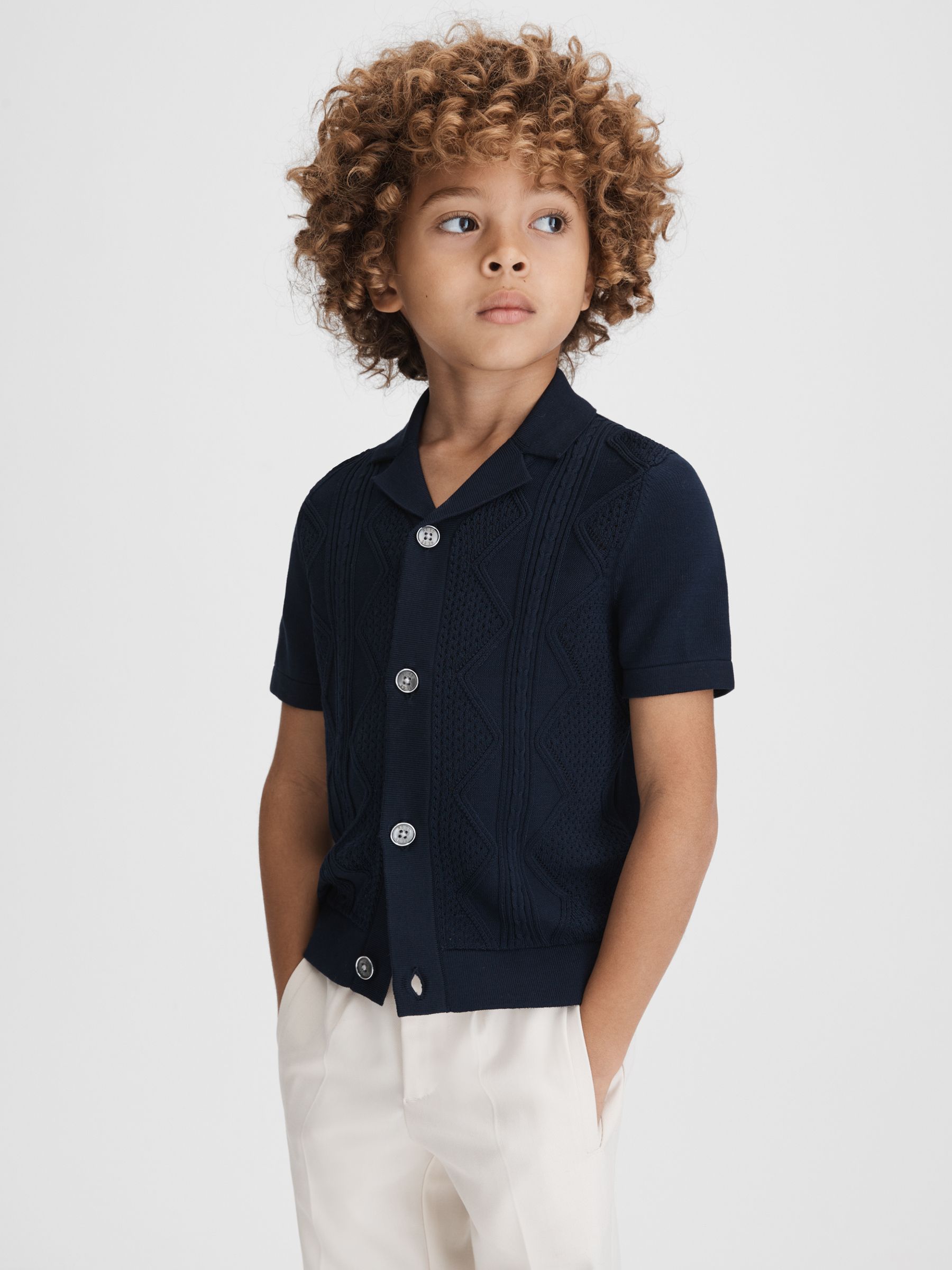 3-9 yrs Cable Knit Cuban Collar Shirt in Navy - Image 3 of 6