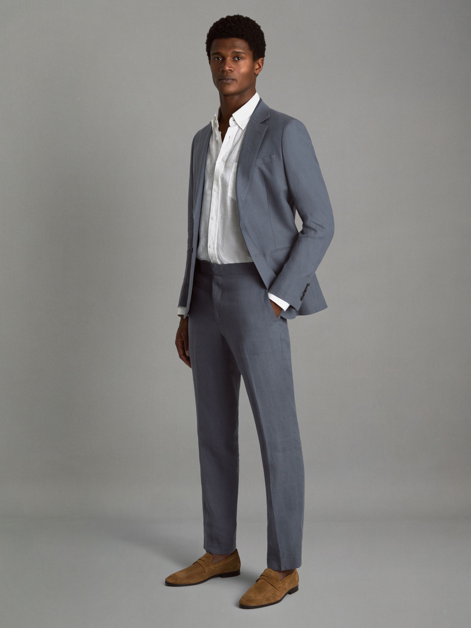 Kin Airforce Blue Slim Fit 100% Linen Adjuster Trousers - Image 3 of 6
