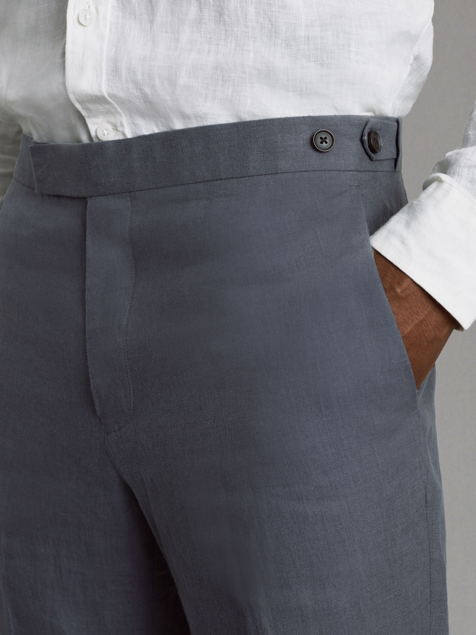 Kin Airforce Blue Slim Fit 100% Linen Adjuster Trousers - Image 4 of 6