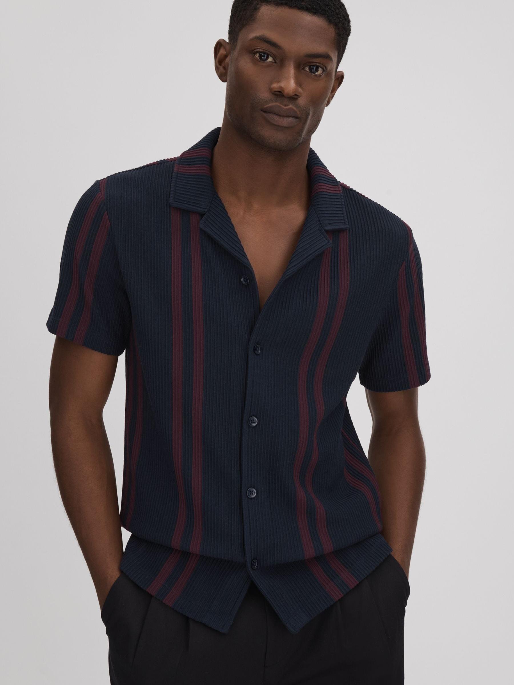 Ribbed Striped Cuban Collar Shirt in Navy/Bordeaux - Image 1 of 1 Ribbed Striped Cuban Collar Shirt in Navy/Bordeaux - Image 1 of 1