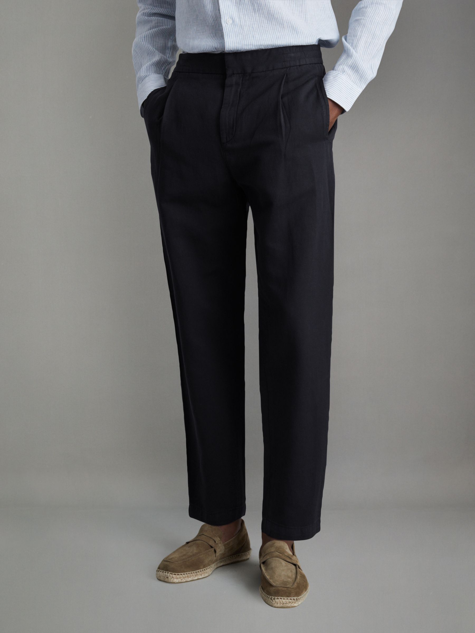 Relaxed Cotton/Linen Blend Elasticated Waist Trousers in Navy - Image 1 of 6