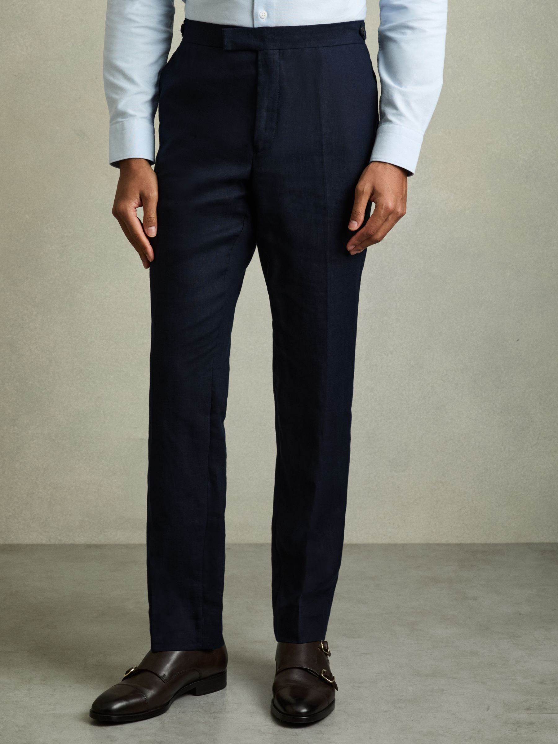 Slim Fit Linen Trousers in Navy - Image 3 of 8