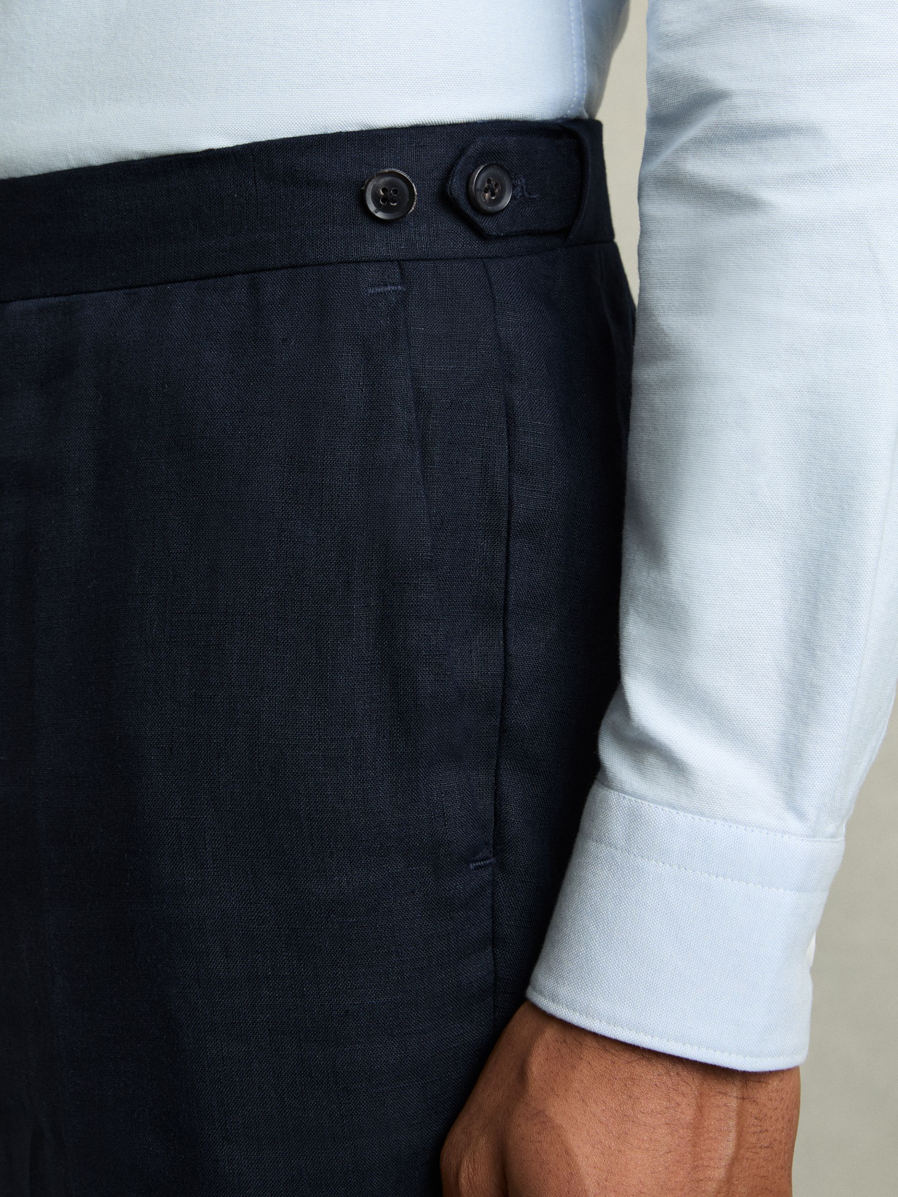 Slim Fit Linen Trousers in Navy - Image 5 of 8