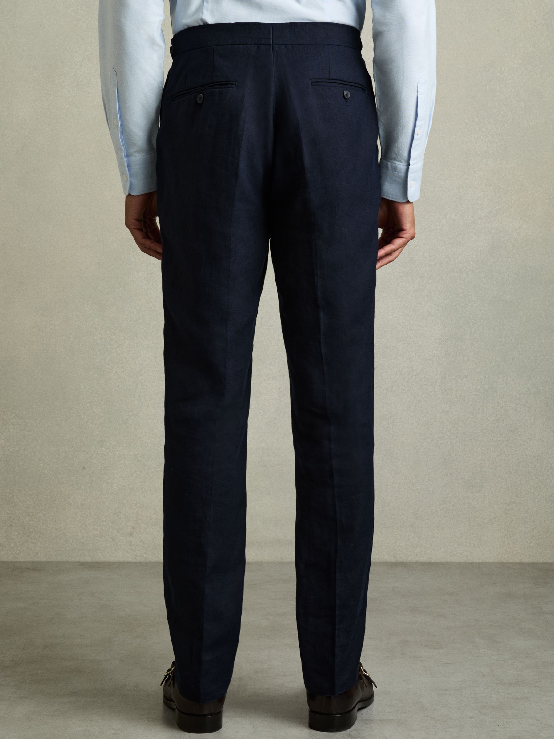 Slim Fit Linen Trousers in Navy - Image 6 of 8