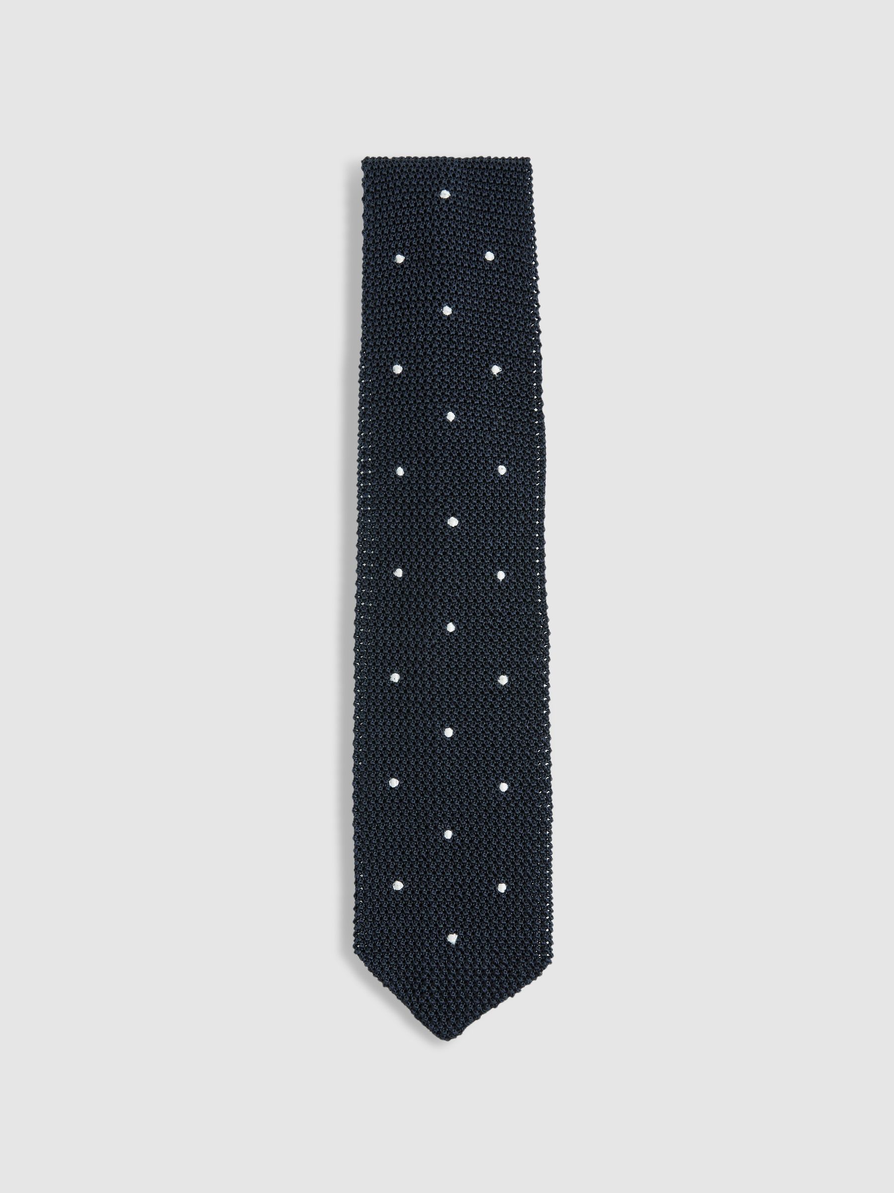 Silk Knitted Pin-Dot Tie in Navy - Image 1 of 5