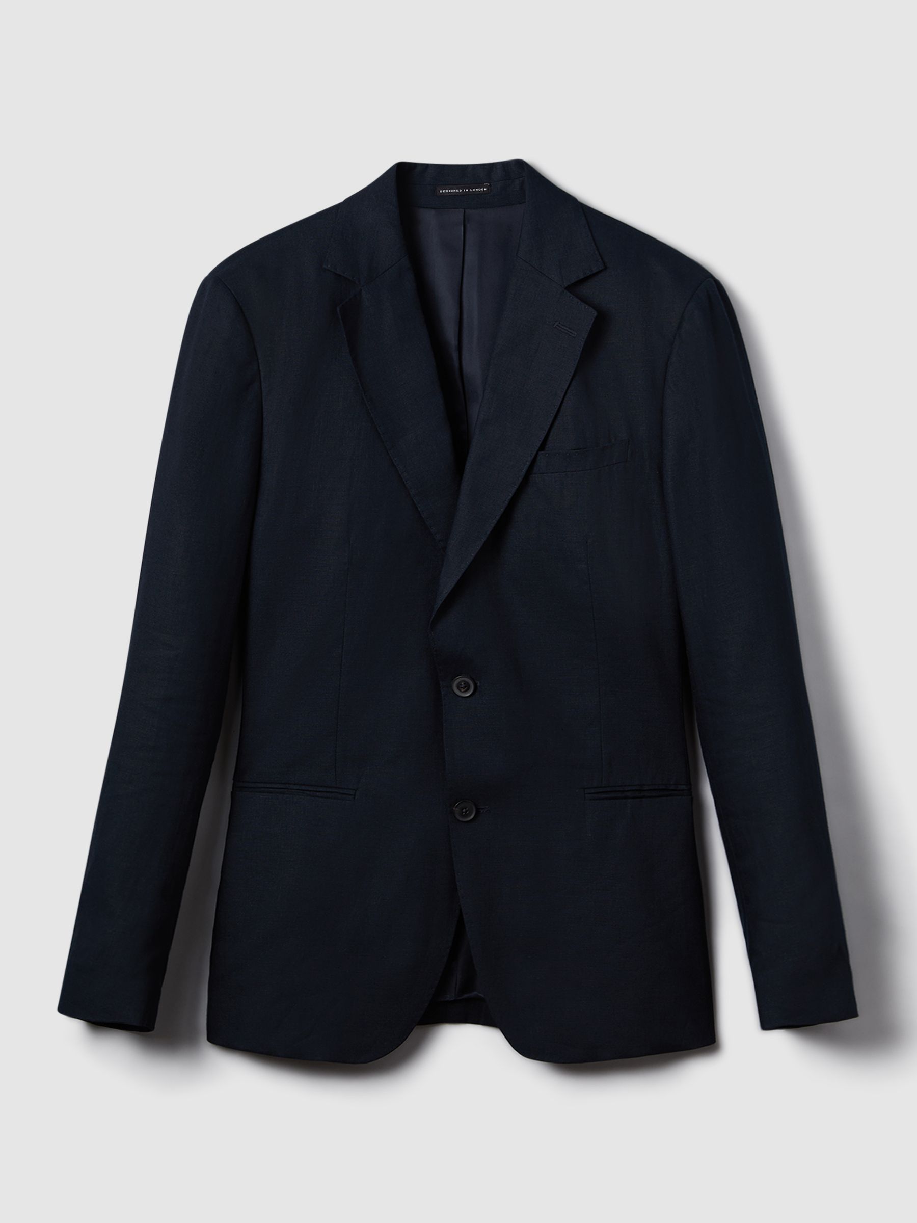 Slim Fit Single Breasted Linen Blazer in Navy - Image 2 of 8