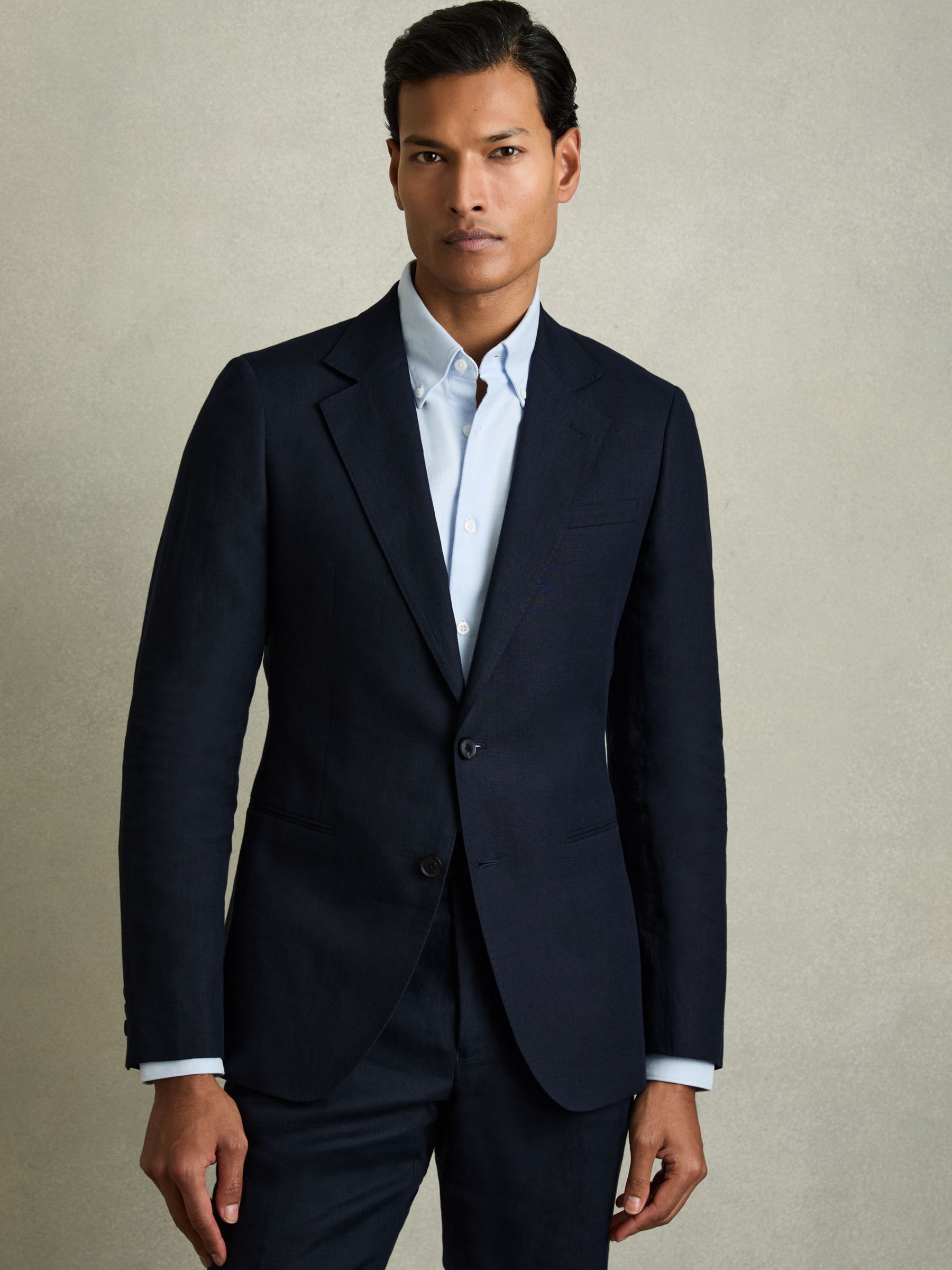 Slim Fit Single Breasted Linen Blazer in Navy - Image 3 of 8