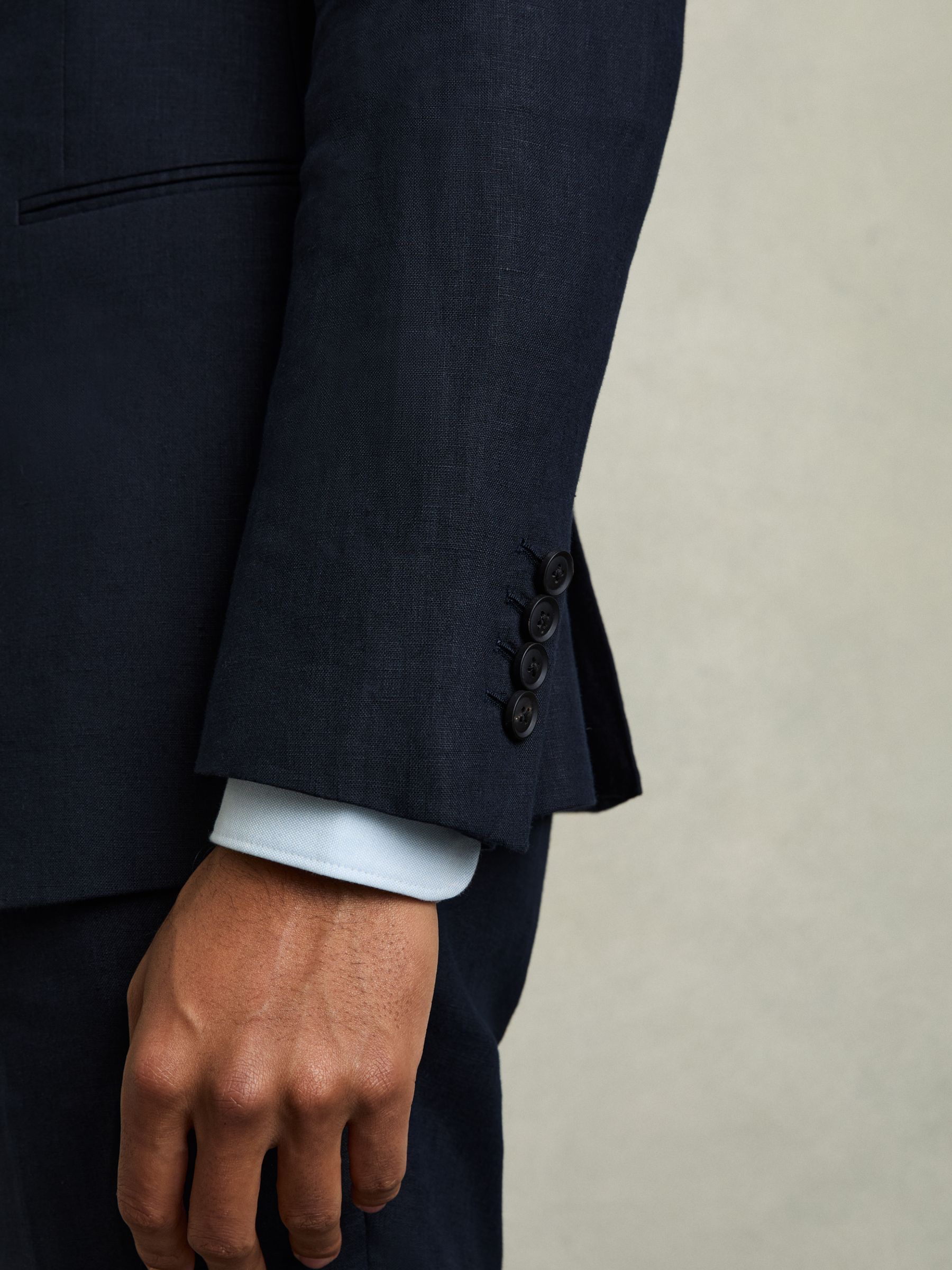 Slim Fit Single Breasted Linen Blazer in Navy - Image 5 of 8