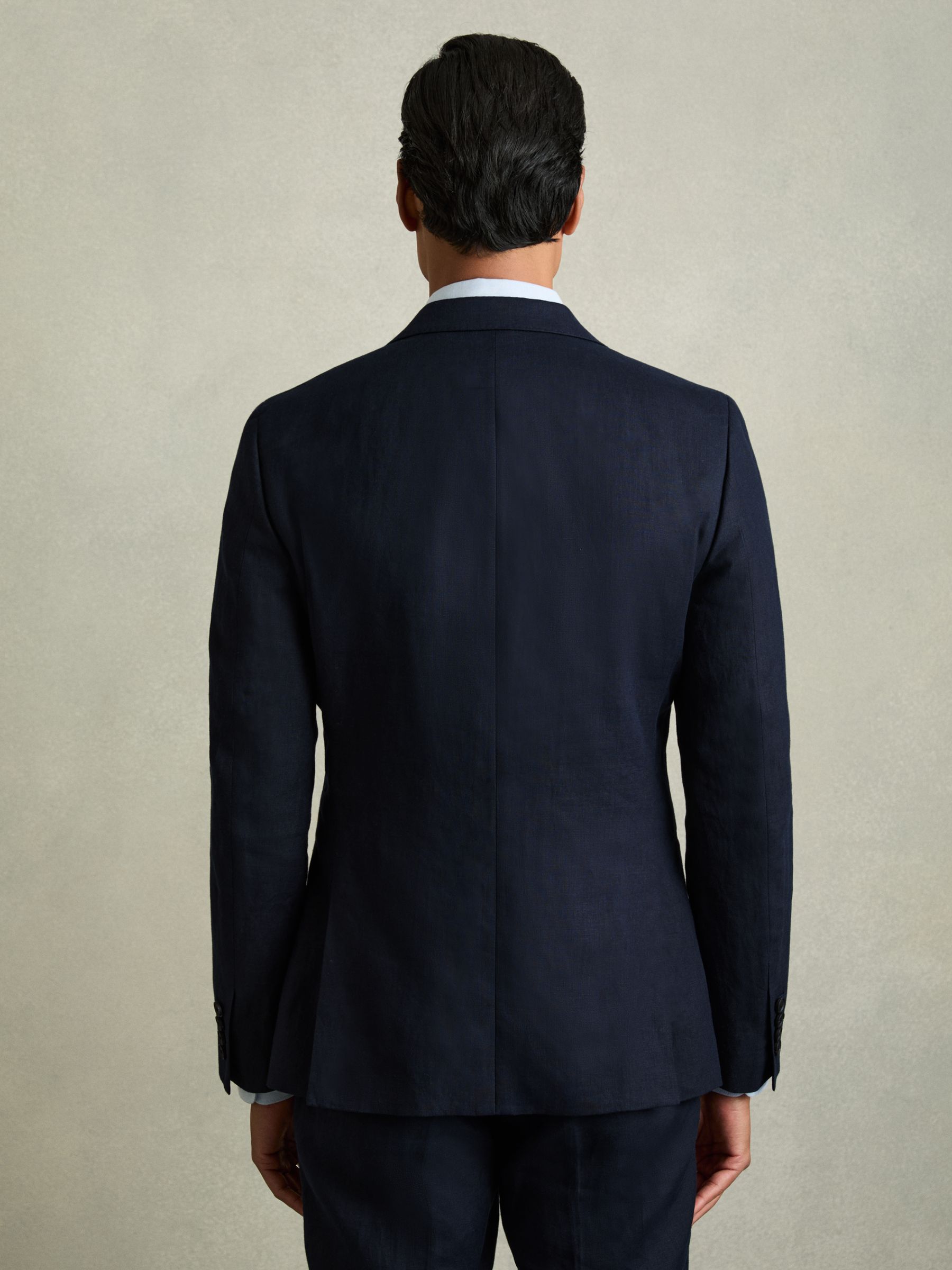 Slim Fit Single Breasted Linen Blazer in Navy - Image 7 of 8