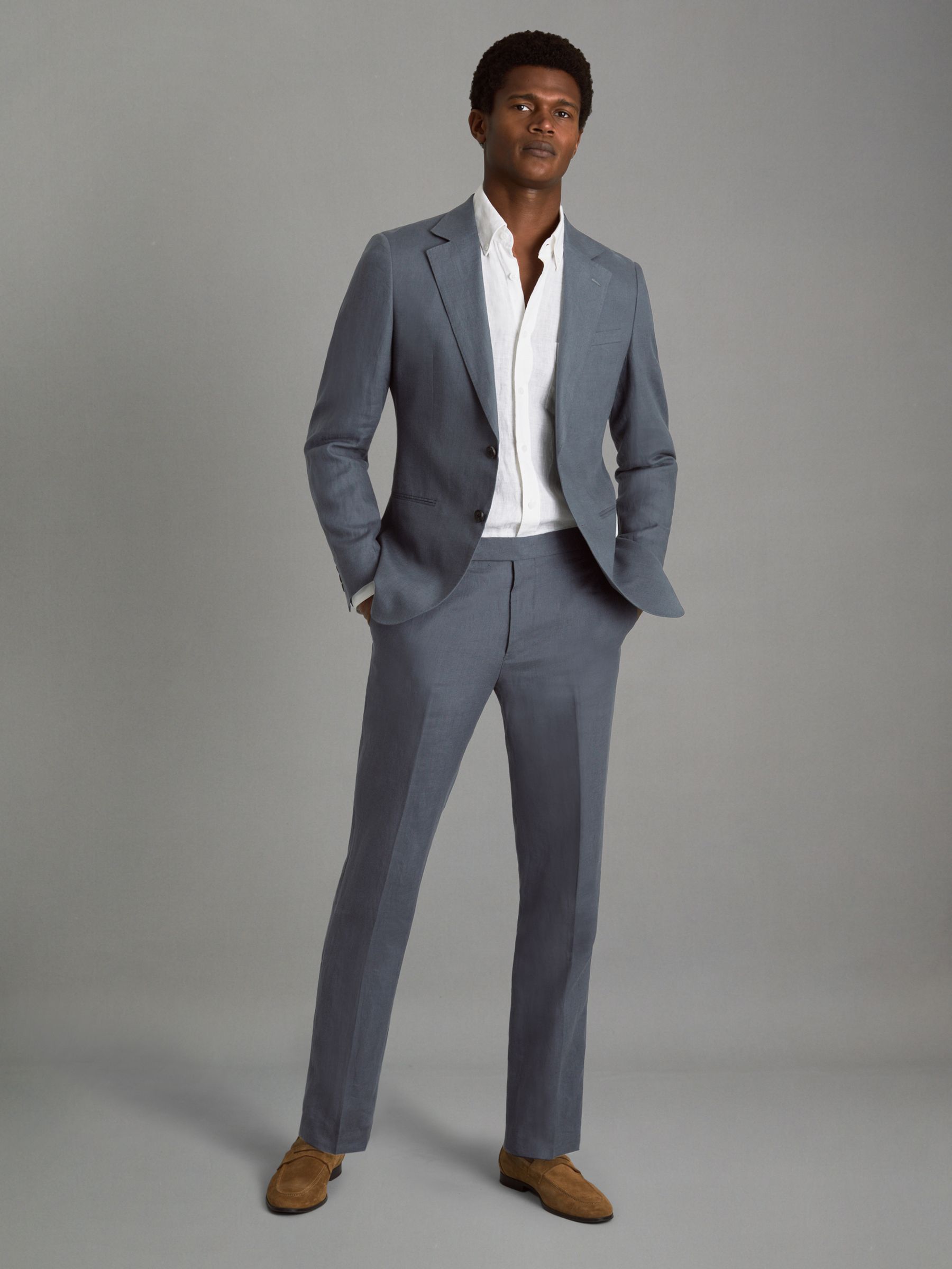 Single-Breasted Linen Suit Blazer Slim Fit in Airforce Blue - Image 3 of 7