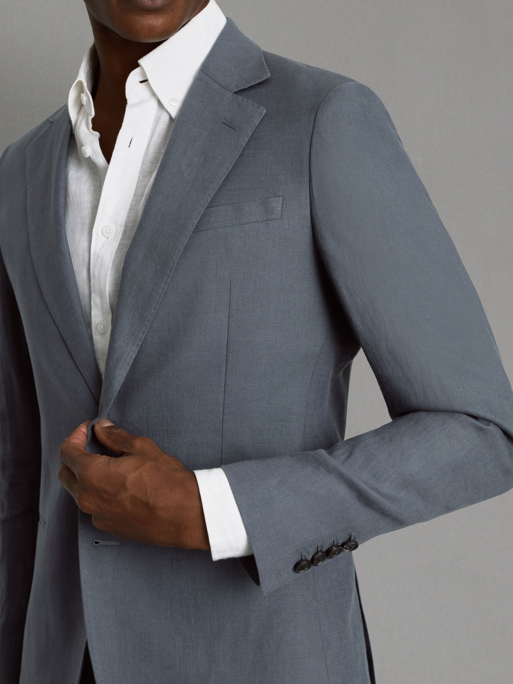 Single-Breasted Linen Suit Blazer Slim Fit in Airforce Blue - Image 4 of 7