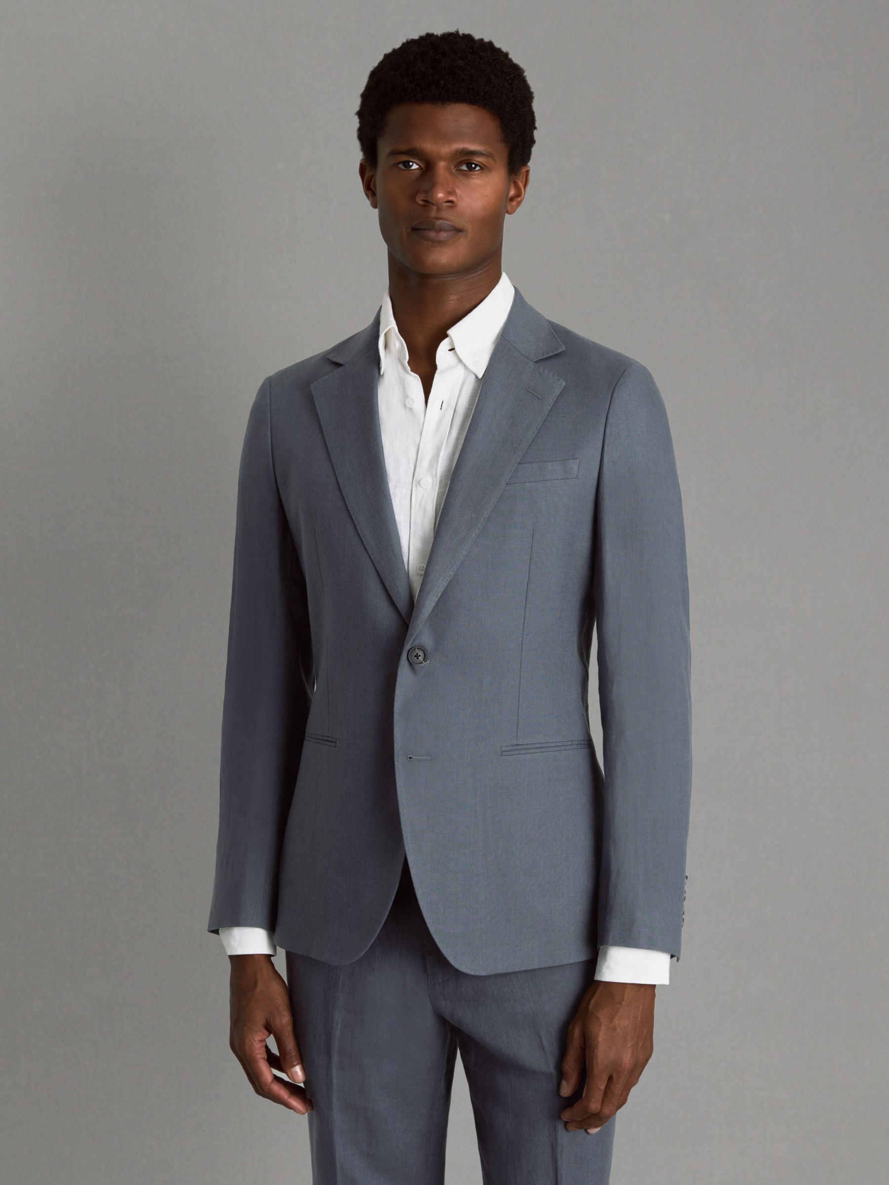 Single-Breasted Linen Suit Blazer Slim Fit in Airforce Blue - Image 6 of 7