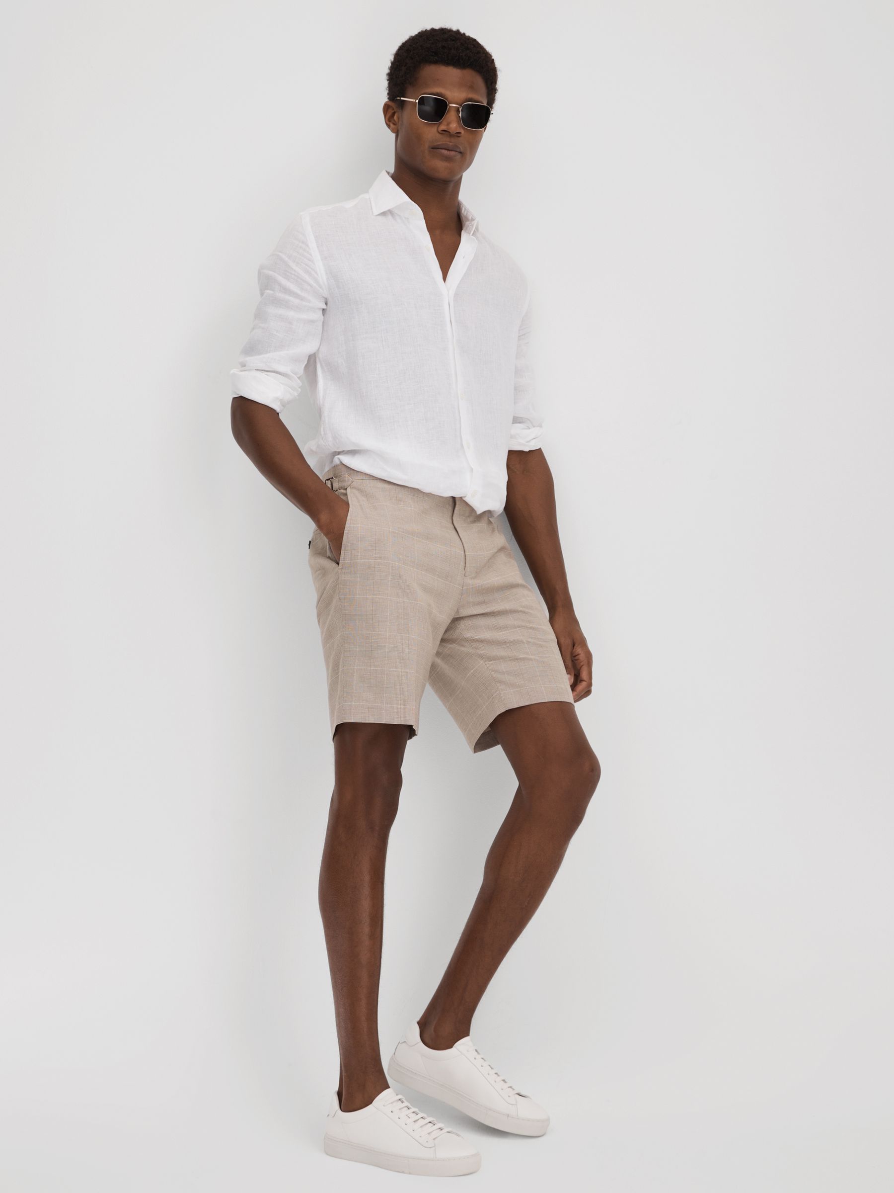Check Side Adjuster Shorts in Oatmeal - Image 1 of 6