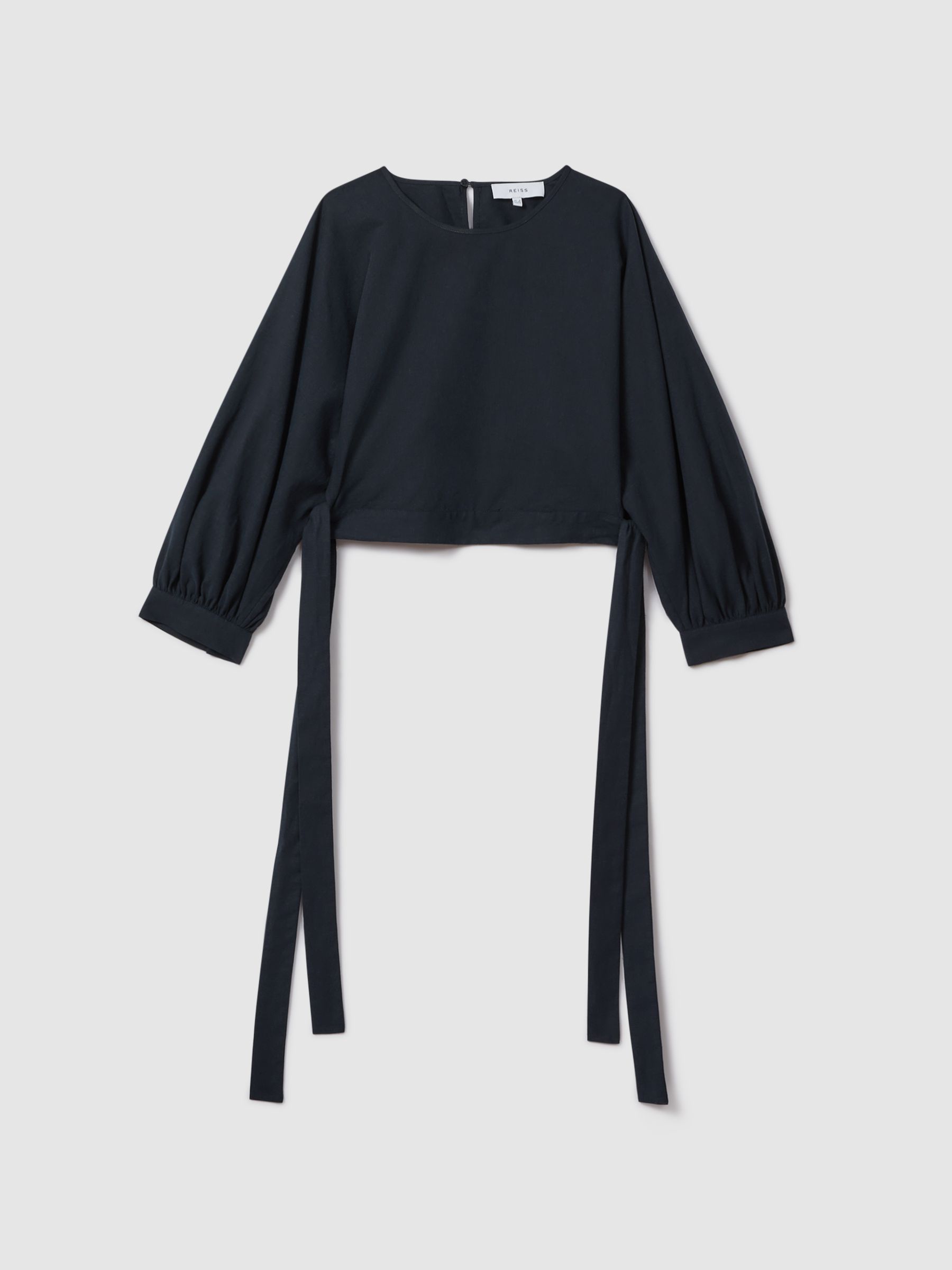 Cropped Blouson Sleeve Top With Linen in Navy - Image 2 of 7